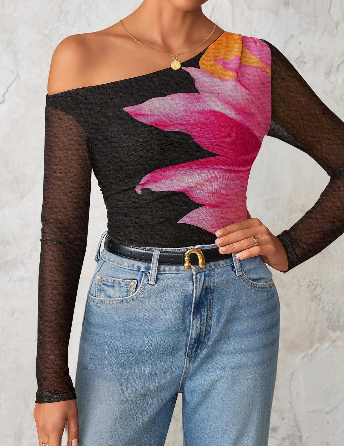 imageZESICA Womens Floral Off Shoulder Long Sleeve Tops 2026 Spring Mesh Ruched Fitted Trendy Going Out Shirts BlousesBlack