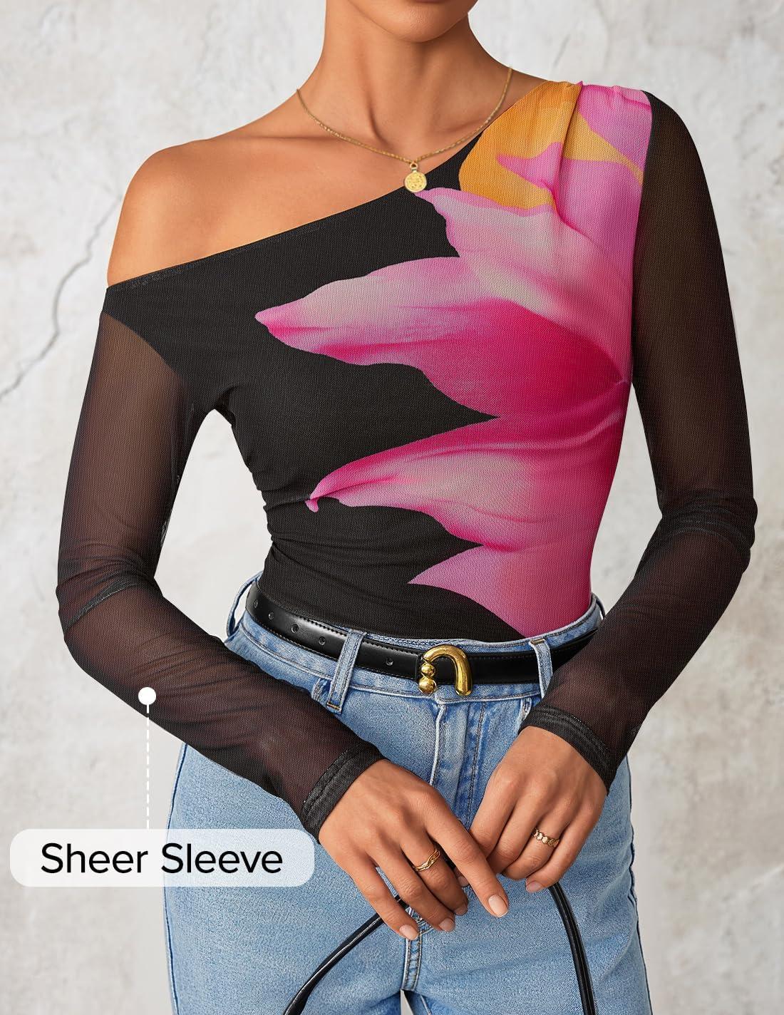 imageZESICA Womens Floral Off Shoulder Long Sleeve Tops 2026 Spring Mesh Ruched Fitted Trendy Going Out Shirts BlousesBlack
