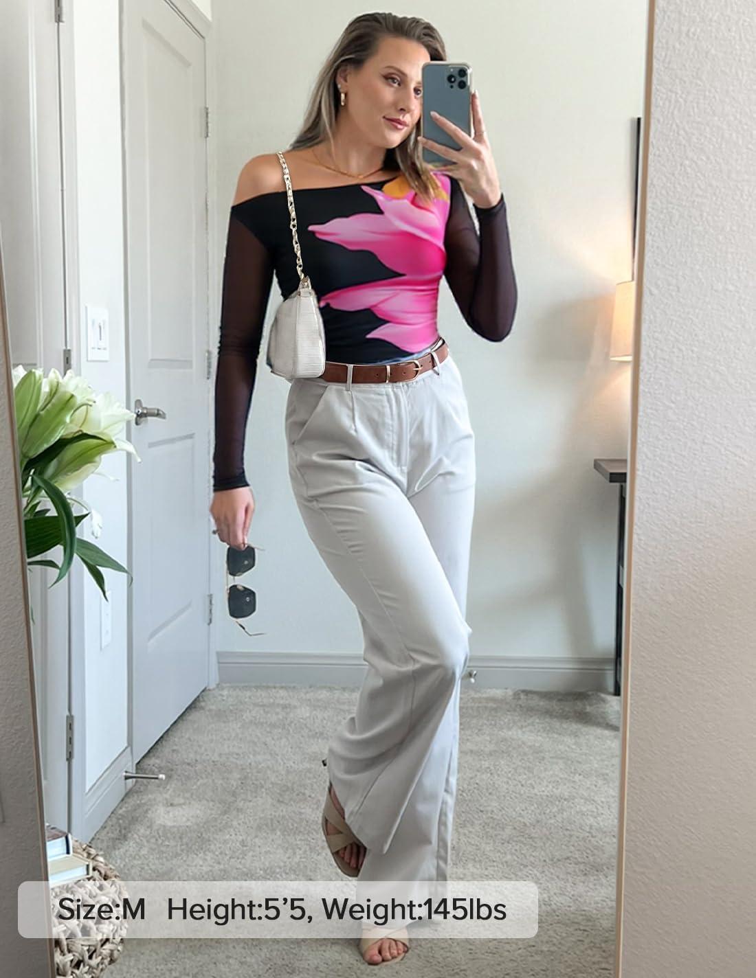 imageZESICA Womens Floral Off Shoulder Long Sleeve Tops 2026 Spring Mesh Ruched Fitted Trendy Going Out Shirts BlousesBlack