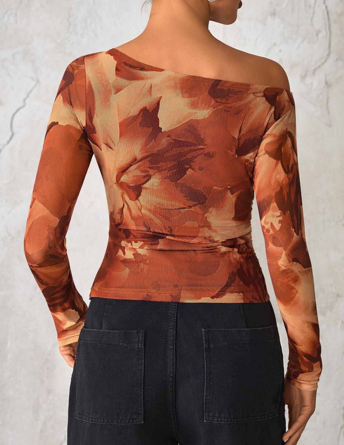imageZESICA Womens Floral Off Shoulder Long Sleeve Tops 2026 Spring Mesh Ruched Fitted Trendy Going Out Shirts BlousesBrown