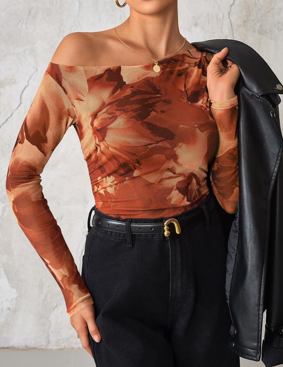 imageZESICA Womens Floral Off Shoulder Long Sleeve Tops 2026 Spring Mesh Ruched Fitted Trendy Going Out Shirts BlousesBrown