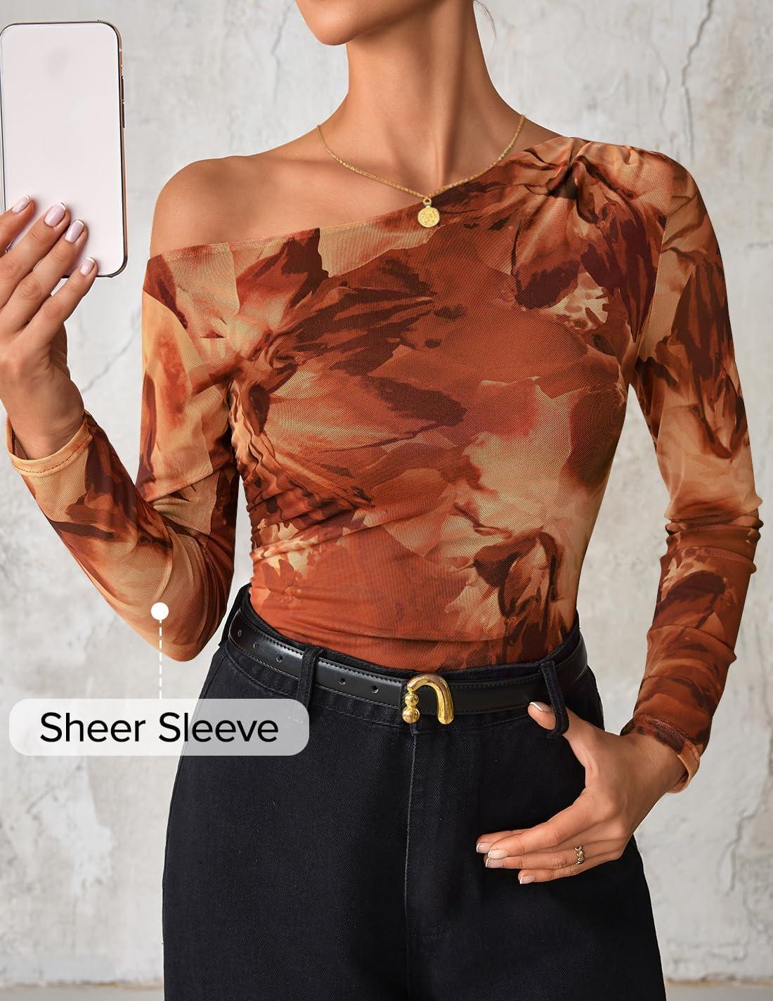 imageZESICA Womens Floral Off Shoulder Long Sleeve Tops 2026 Spring Mesh Ruched Fitted Trendy Going Out Shirts BlousesBrown