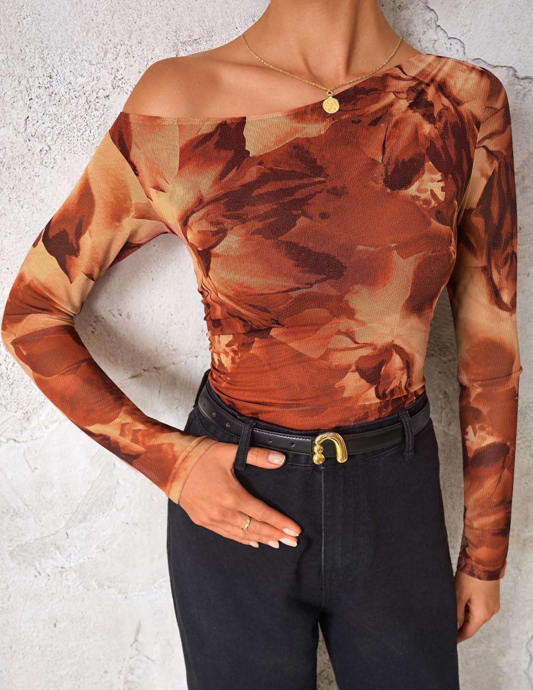 imageZESICA Womens Floral Off Shoulder Long Sleeve Tops 2026 Spring Mesh Ruched Fitted Trendy Going Out Shirts BlousesBrown