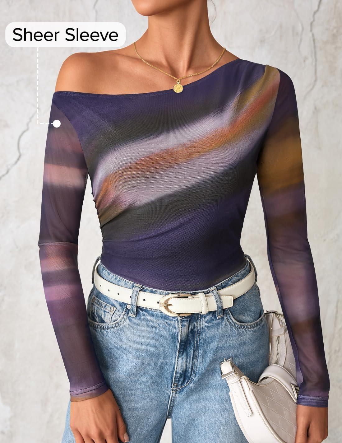imageZESICA Womens Floral Off Shoulder Long Sleeve Tops 2026 Spring Mesh Ruched Fitted Trendy Going Out Shirts BlousesDarkpurple