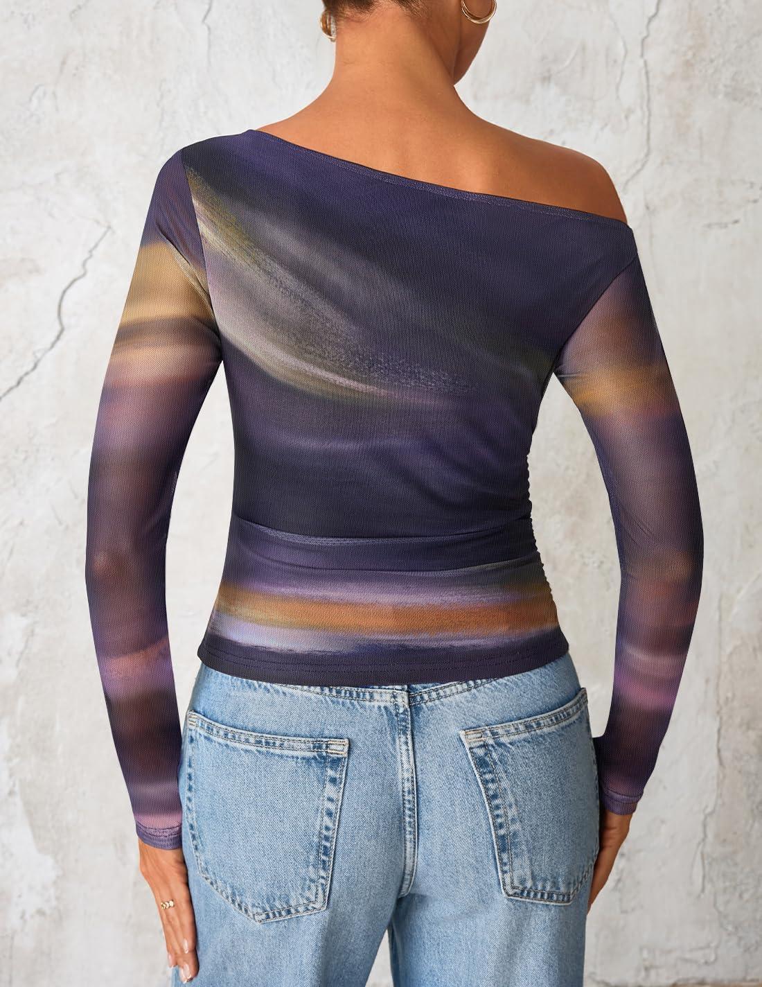 imageZESICA Womens Floral Off Shoulder Long Sleeve Tops 2026 Spring Mesh Ruched Fitted Trendy Going Out Shirts BlousesDarkpurple
