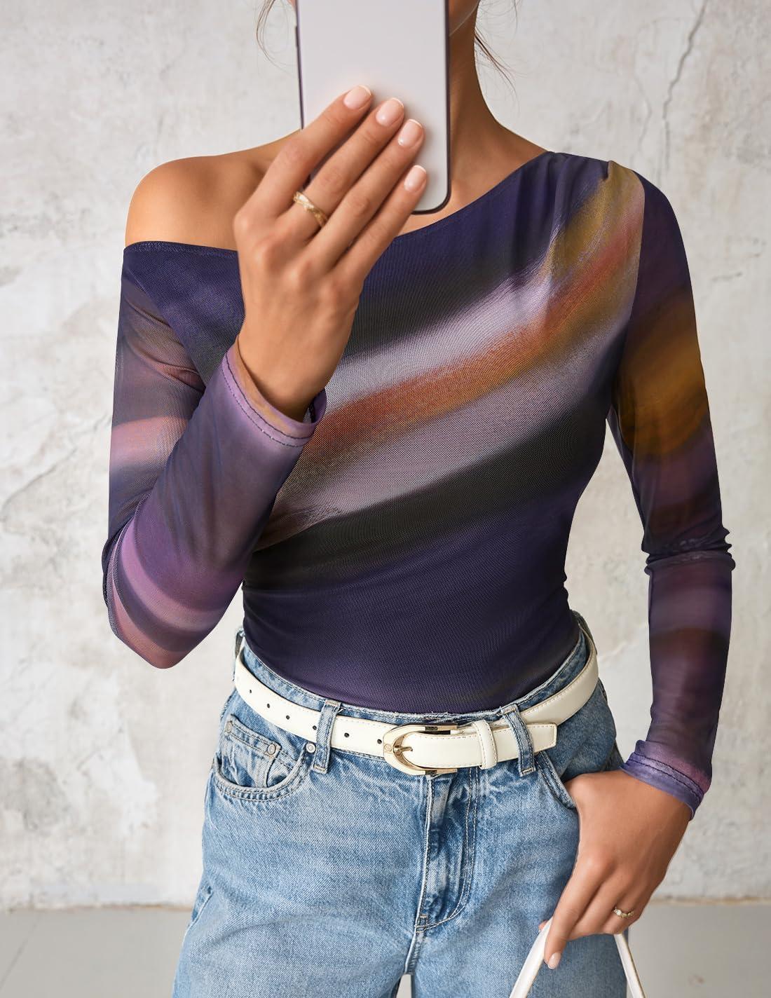imageZESICA Womens Floral Off Shoulder Long Sleeve Tops 2026 Spring Mesh Ruched Fitted Trendy Going Out Shirts BlousesDarkpurple