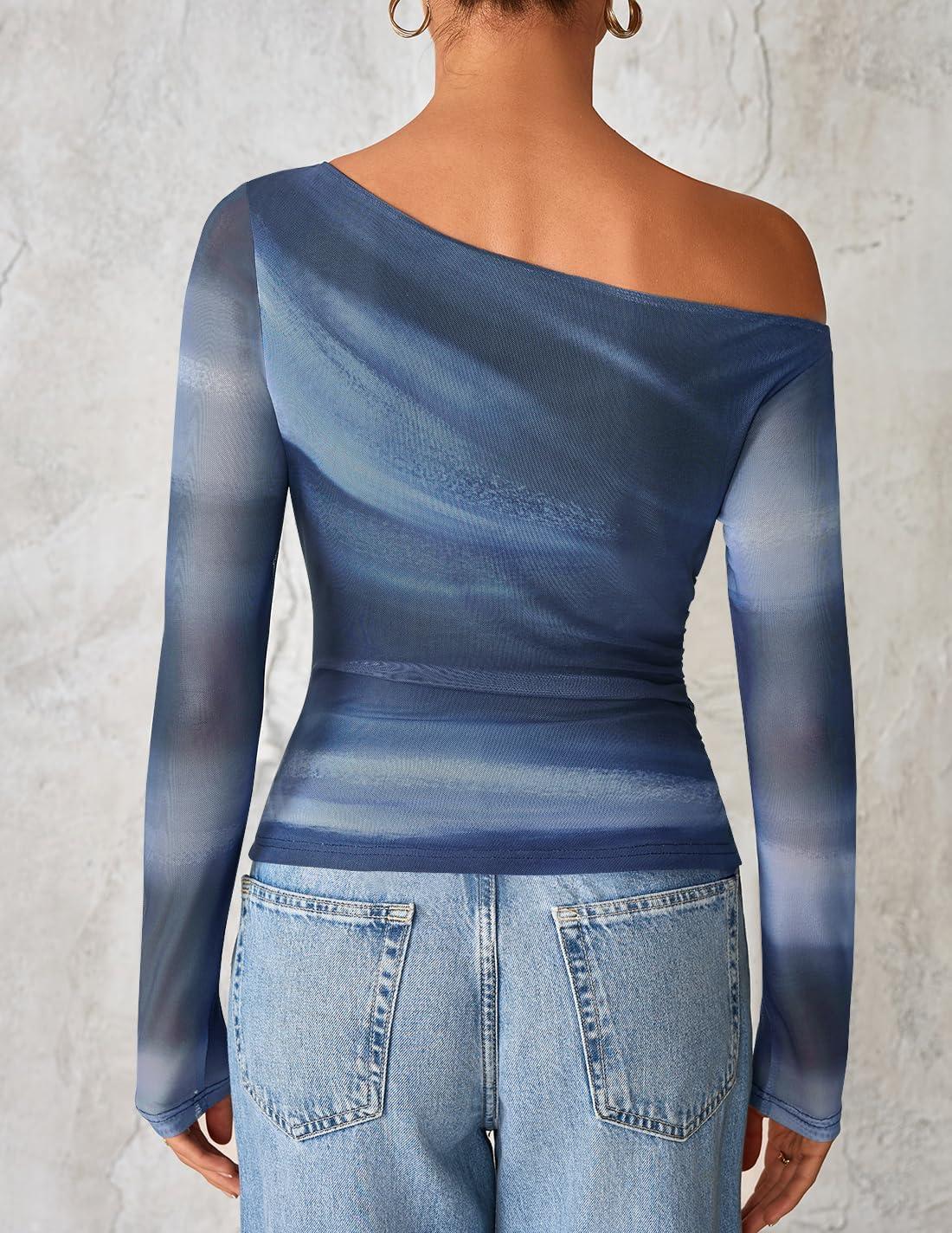 imageZESICA Womens Floral Off Shoulder Long Sleeve Tops 2026 Spring Mesh Ruched Fitted Trendy Going Out Shirts BlousesDustyblue