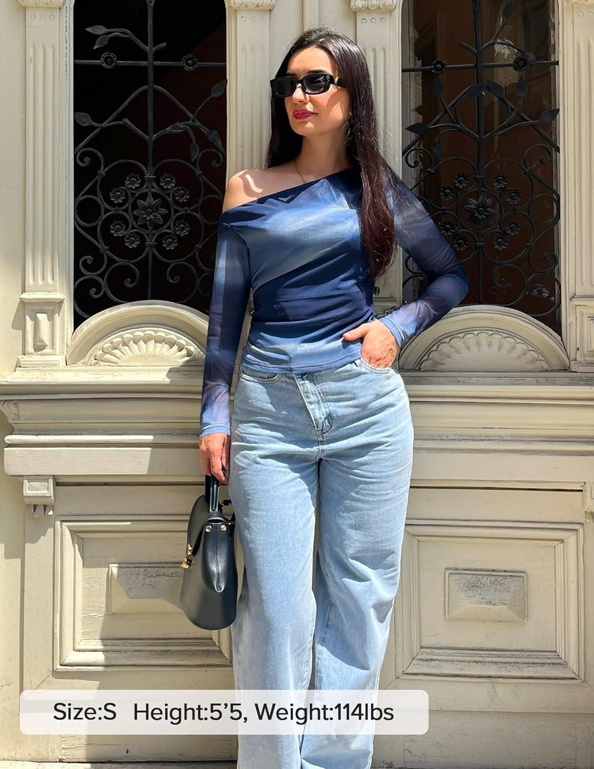 imageZESICA Womens Floral Off Shoulder Long Sleeve Tops 2026 Spring Mesh Ruched Fitted Trendy Going Out Shirts BlousesDustyblue