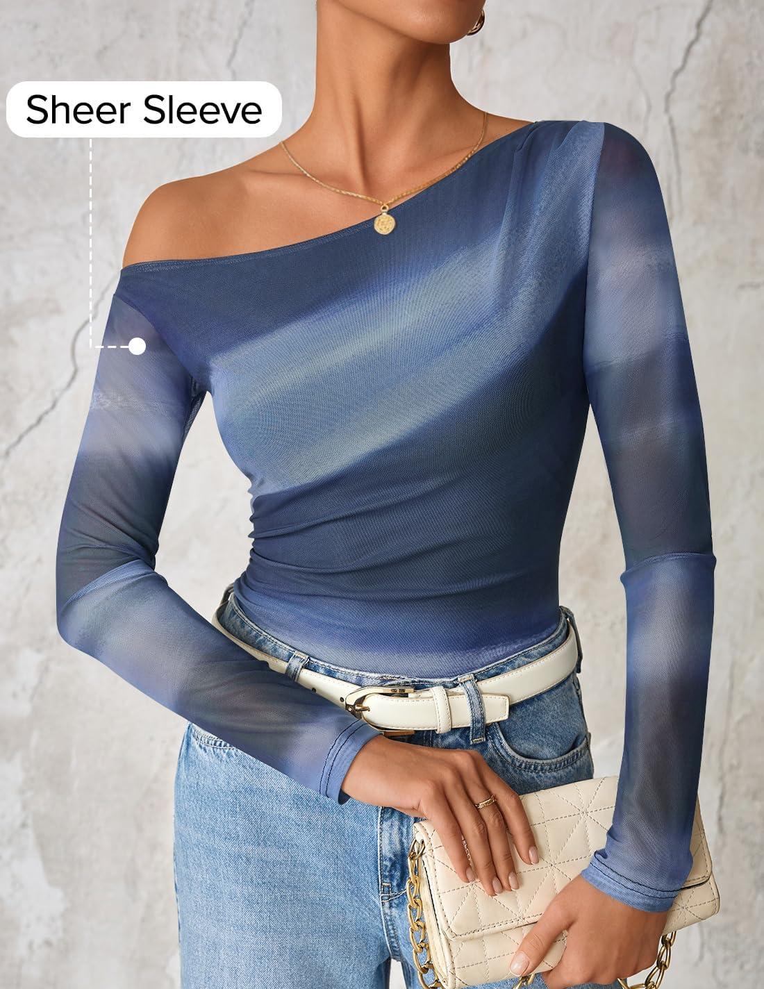 imageZESICA Womens Floral Off Shoulder Long Sleeve Tops 2026 Spring Mesh Ruched Fitted Trendy Going Out Shirts BlousesDustyblue