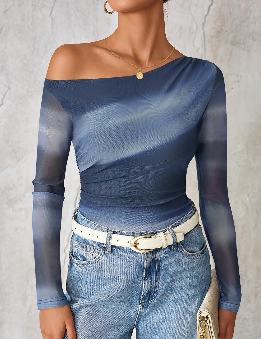 imageZESICA Womens Floral Off Shoulder Long Sleeve Tops 2026 Spring Mesh Ruched Fitted Trendy Going Out Shirts BlousesDustyblue