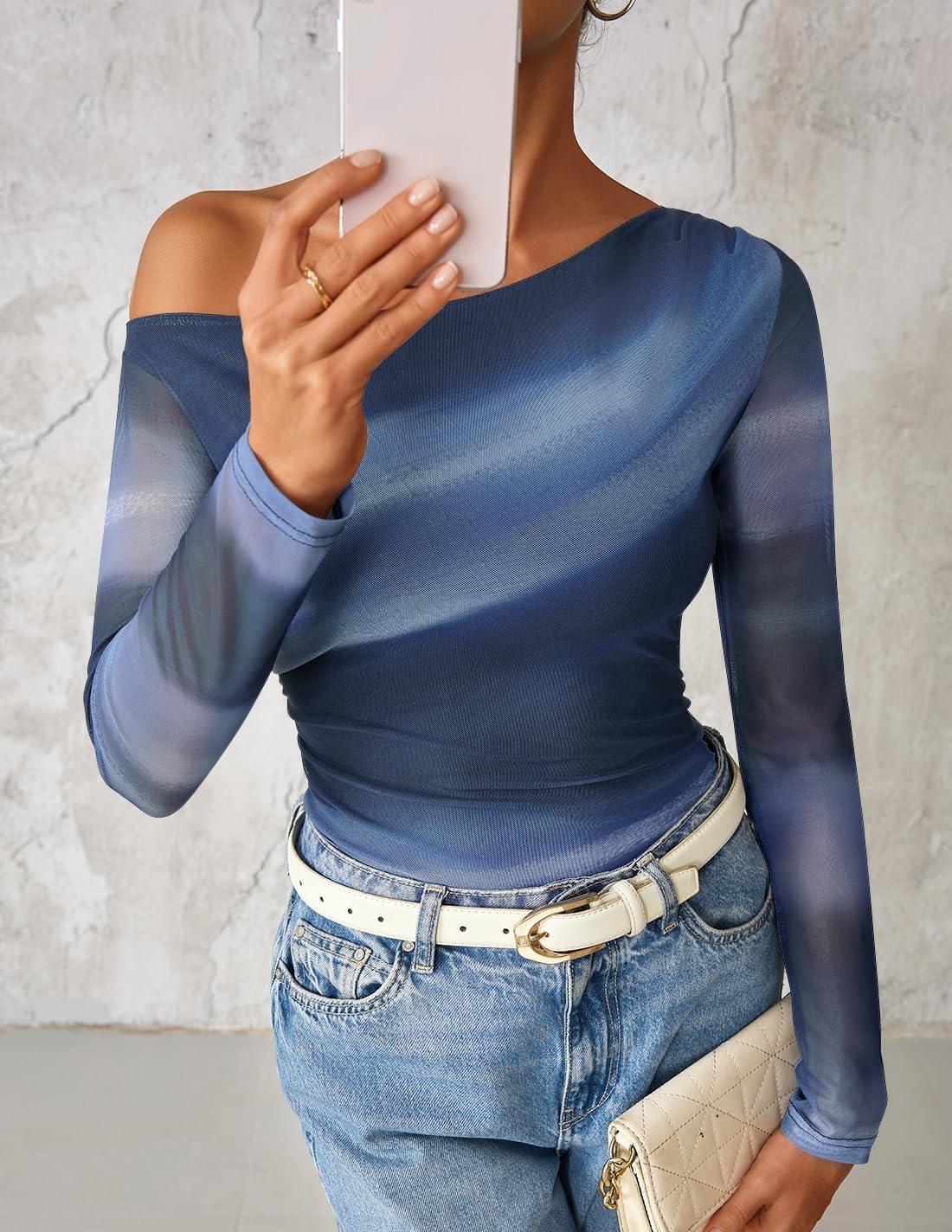 imageZESICA Womens Floral Off Shoulder Long Sleeve Tops 2026 Spring Mesh Ruched Fitted Trendy Going Out Shirts BlousesDustyblue