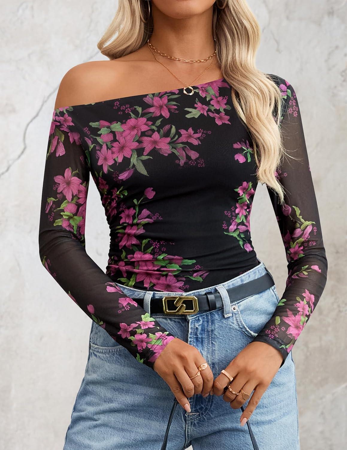 imageZESICA Womens Floral Off Shoulder Long Sleeve Tops 2026 Spring Mesh Ruched Fitted Trendy Going Out Shirts BlousesEbony