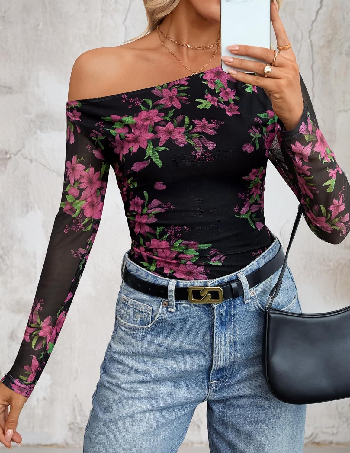 imageZESICA Womens Floral Off Shoulder Long Sleeve Tops 2026 Spring Mesh Ruched Fitted Trendy Going Out Shirts BlousesEbony
