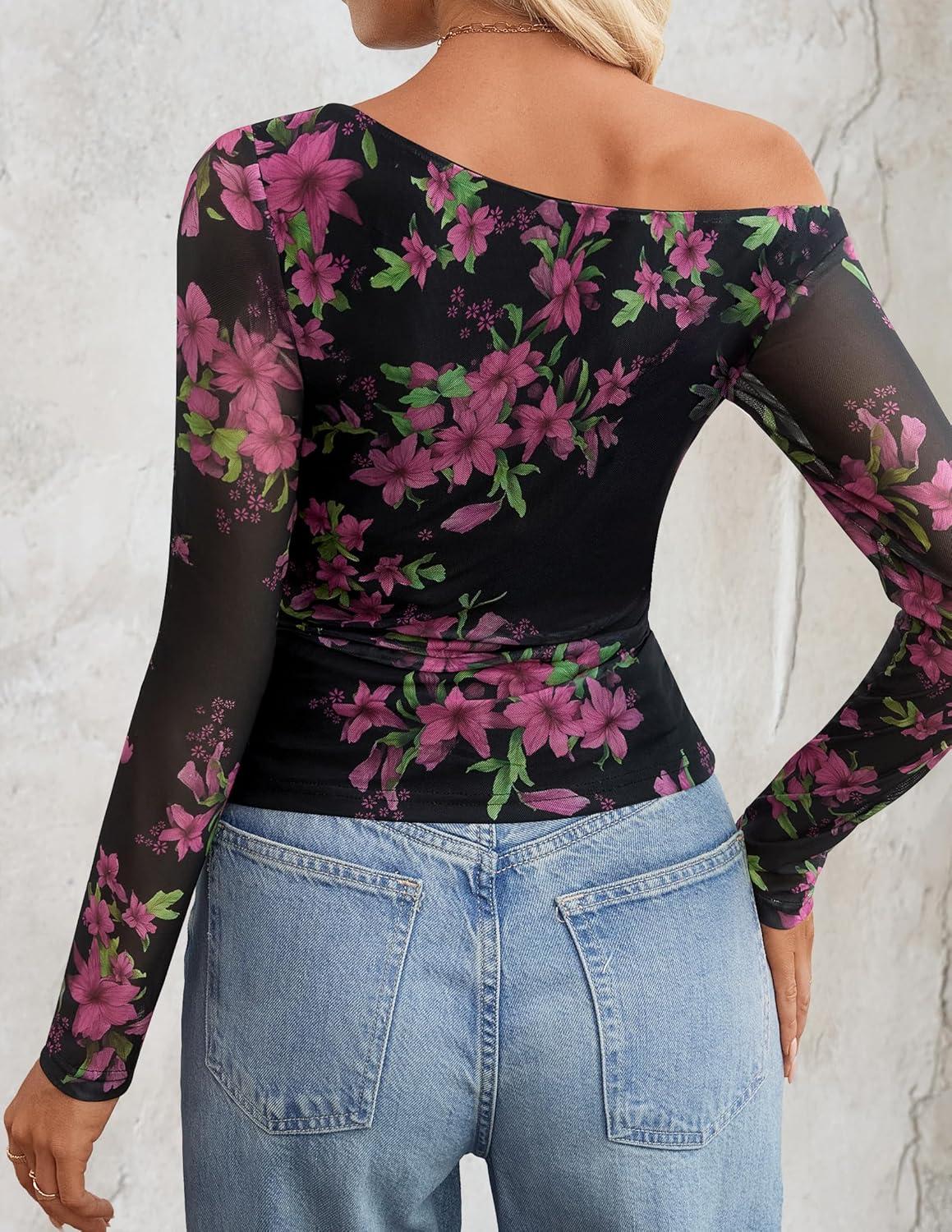 imageZESICA Womens Floral Off Shoulder Long Sleeve Tops 2026 Spring Mesh Ruched Fitted Trendy Going Out Shirts BlousesEbony