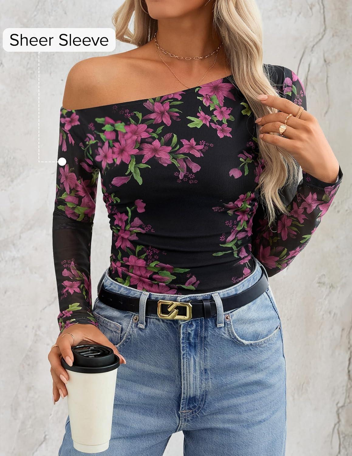 imageZESICA Womens Floral Off Shoulder Long Sleeve Tops 2026 Spring Mesh Ruched Fitted Trendy Going Out Shirts BlousesEbony