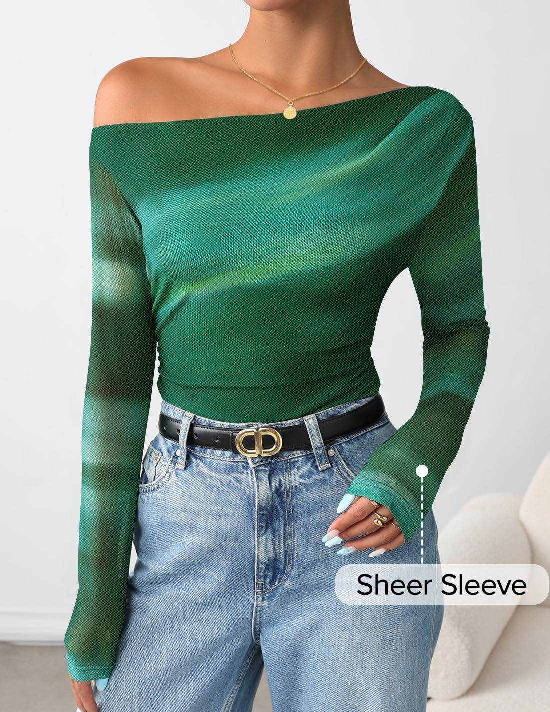 imageZESICA Womens Floral Off Shoulder Long Sleeve Tops 2026 Spring Mesh Ruched Fitted Trendy Going Out Shirts BlousesGreen