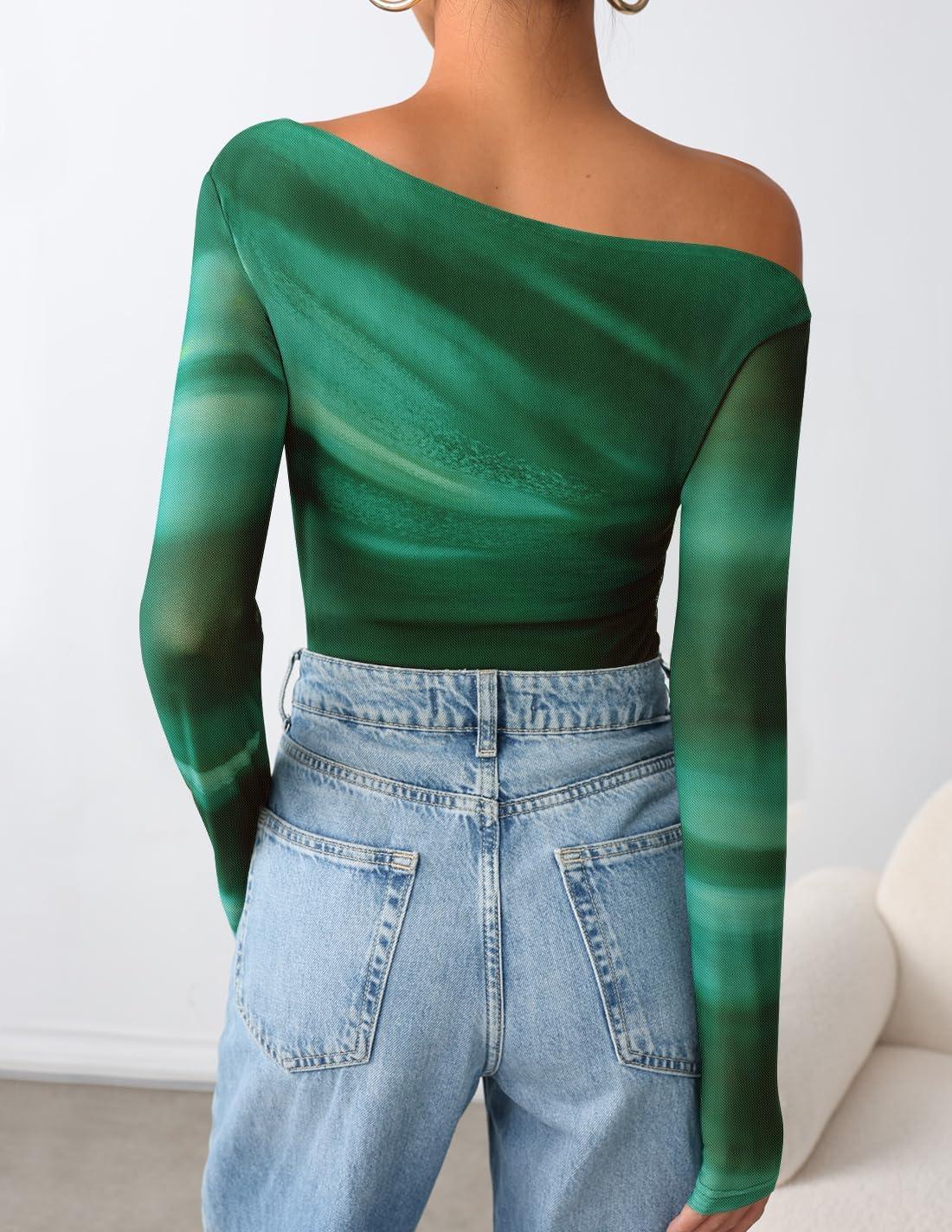 imageZESICA Womens Floral Off Shoulder Long Sleeve Tops 2026 Spring Mesh Ruched Fitted Trendy Going Out Shirts BlousesGreen