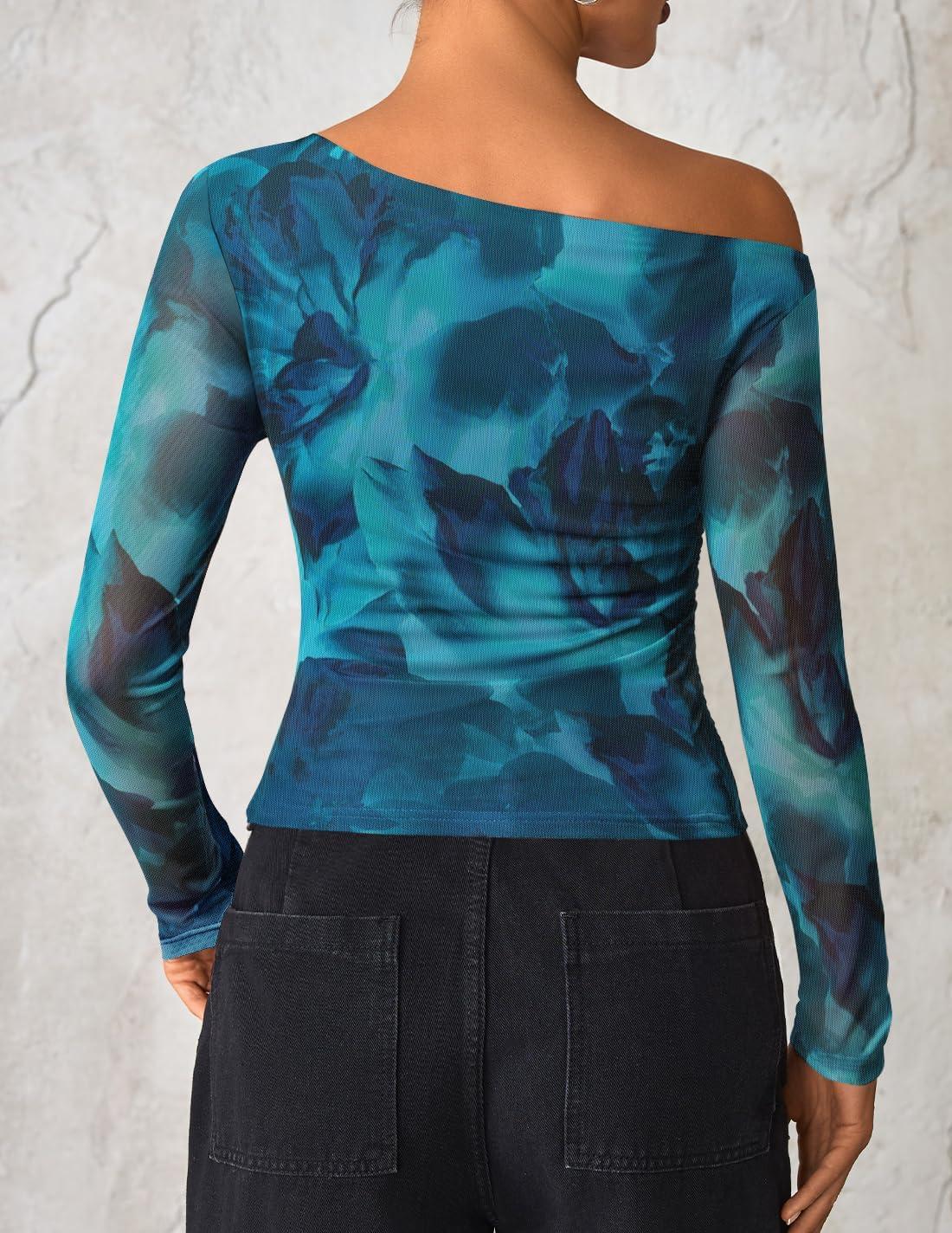 imageZESICA Womens Floral Off Shoulder Long Sleeve Tops 2026 Spring Mesh Ruched Fitted Trendy Going Out Shirts BlousesLakeblue