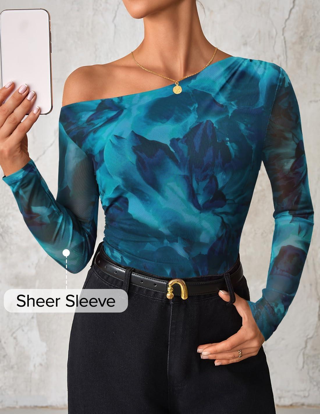 imageZESICA Womens Floral Off Shoulder Long Sleeve Tops 2026 Spring Mesh Ruched Fitted Trendy Going Out Shirts BlousesLakeblue