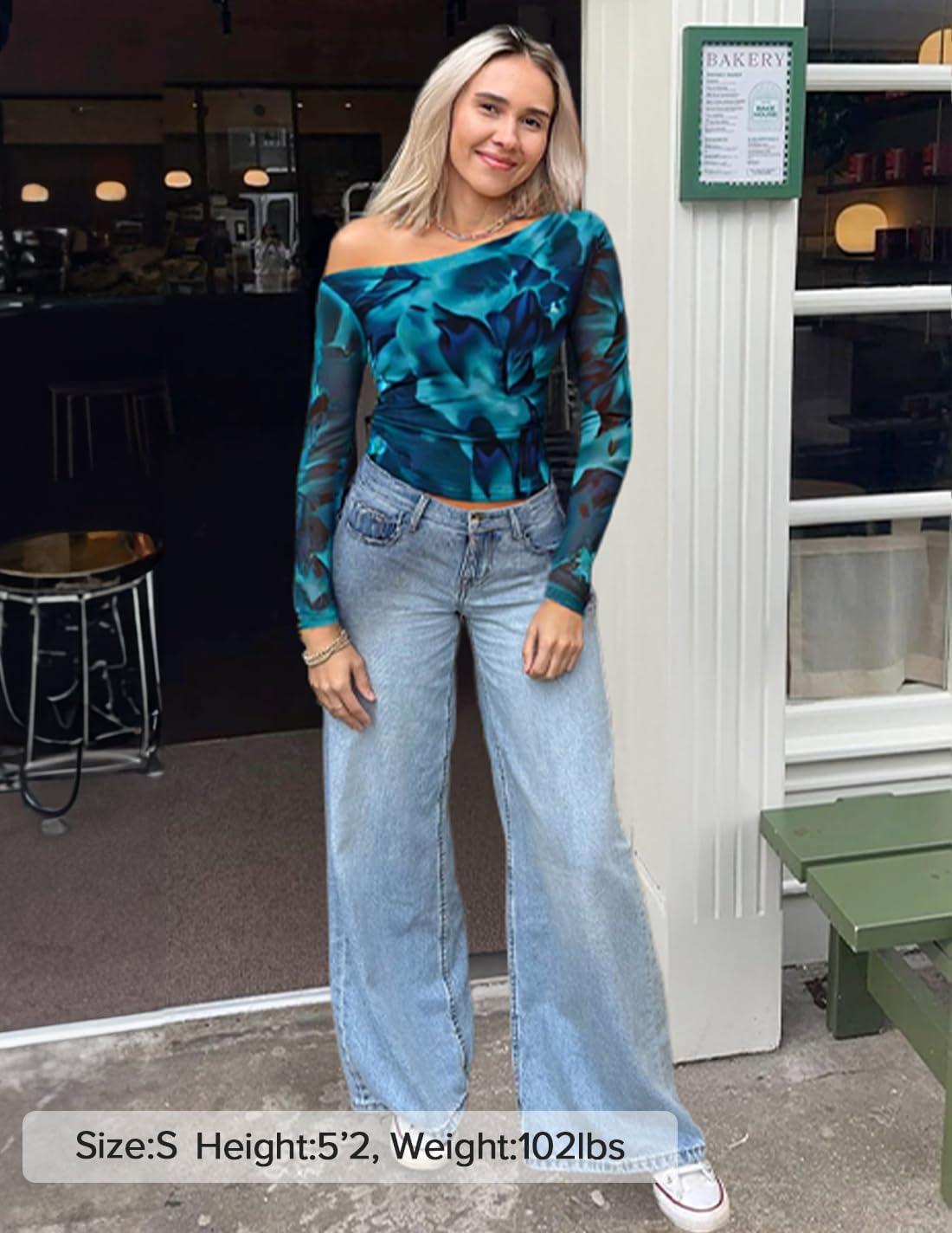 imageZESICA Womens Floral Off Shoulder Long Sleeve Tops 2026 Spring Mesh Ruched Fitted Trendy Going Out Shirts BlousesLakeblue