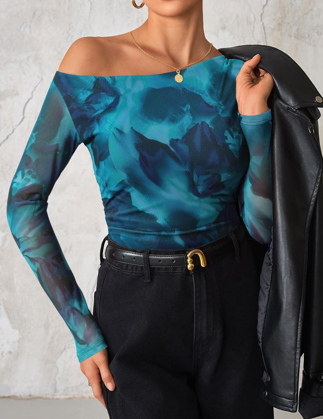 imageZESICA Womens Floral Off Shoulder Long Sleeve Tops 2026 Spring Mesh Ruched Fitted Trendy Going Out Shirts BlousesLakeblue