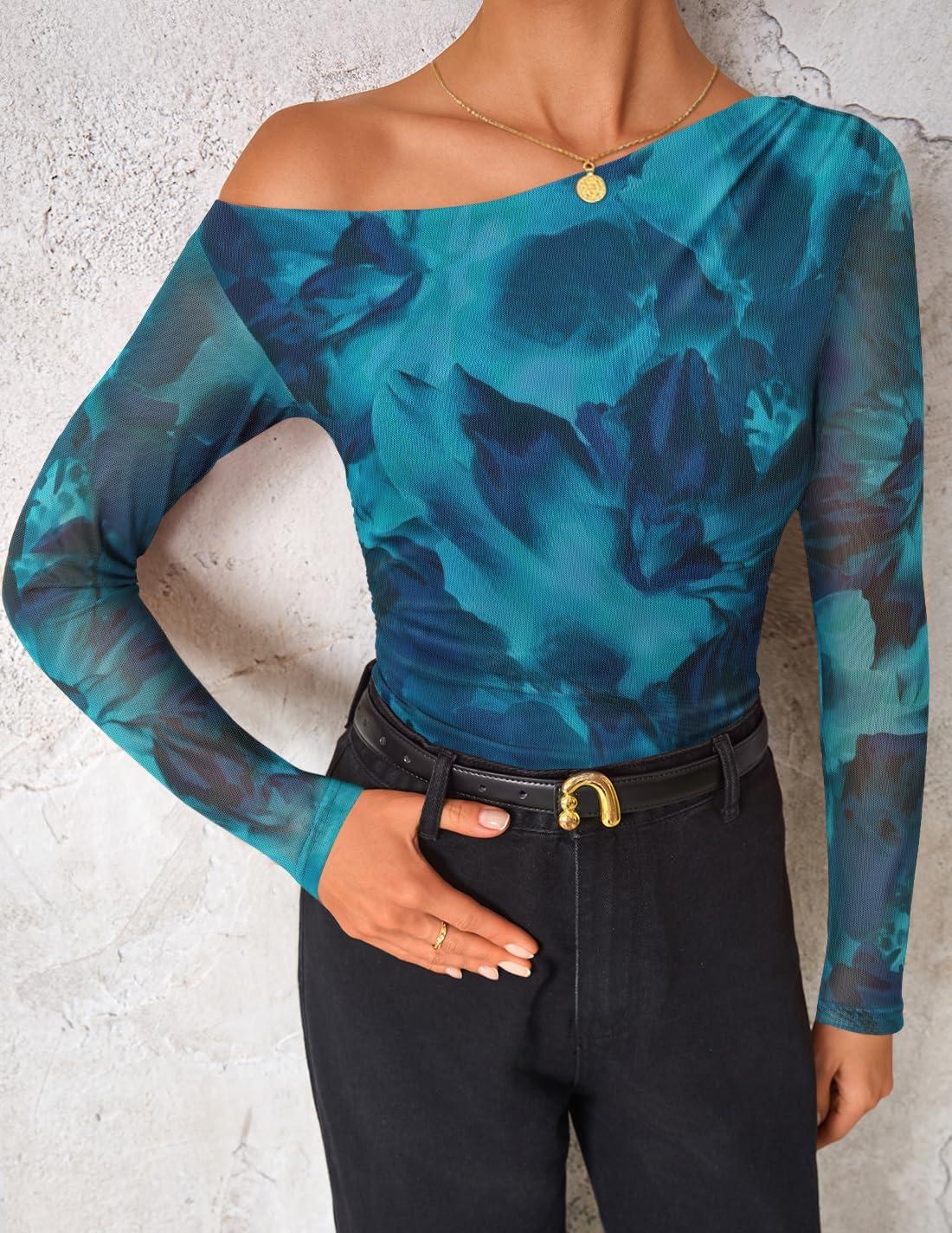 imageZESICA Womens Floral Off Shoulder Long Sleeve Tops 2026 Spring Mesh Ruched Fitted Trendy Going Out Shirts BlousesLakeblue