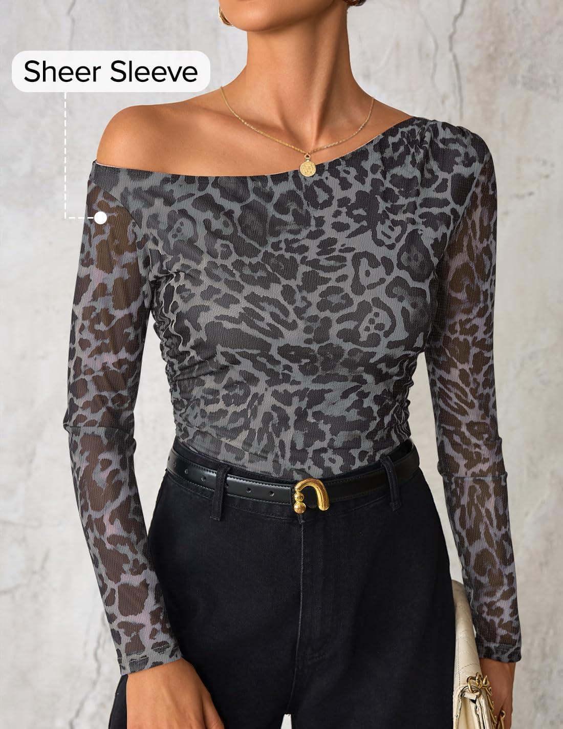 imageZESICA Womens Floral Off Shoulder Long Sleeve Tops 2026 Spring Mesh Ruched Fitted Trendy Going Out Shirts BlousesLeopardgray