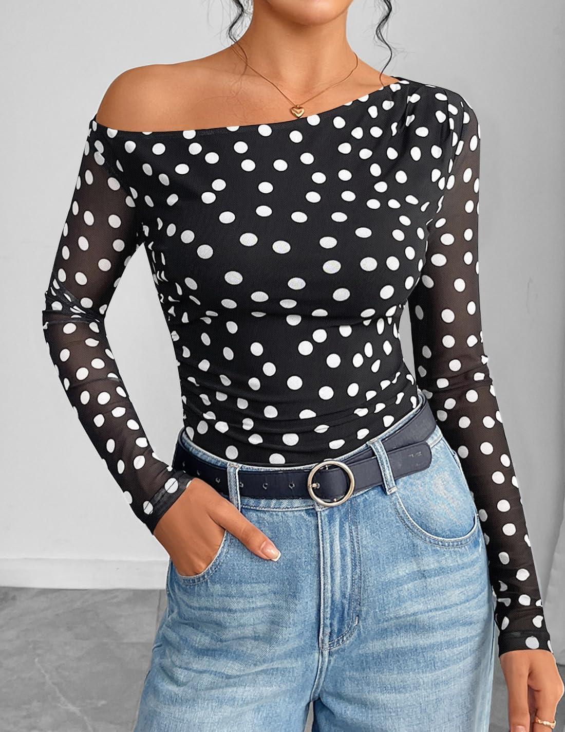 imageZESICA Womens Floral Off Shoulder Long Sleeve Tops 2026 Spring Mesh Ruched Fitted Trendy Going Out Shirts BlousesPointblack