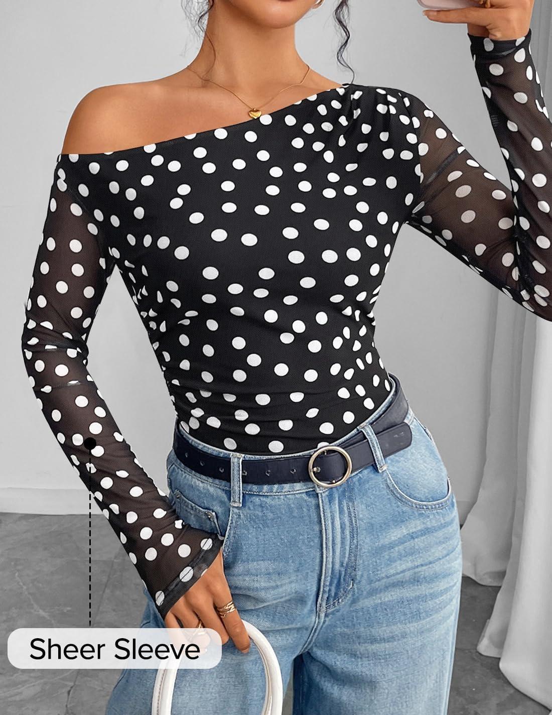 imageZESICA Womens Floral Off Shoulder Long Sleeve Tops 2026 Spring Mesh Ruched Fitted Trendy Going Out Shirts BlousesPointblack