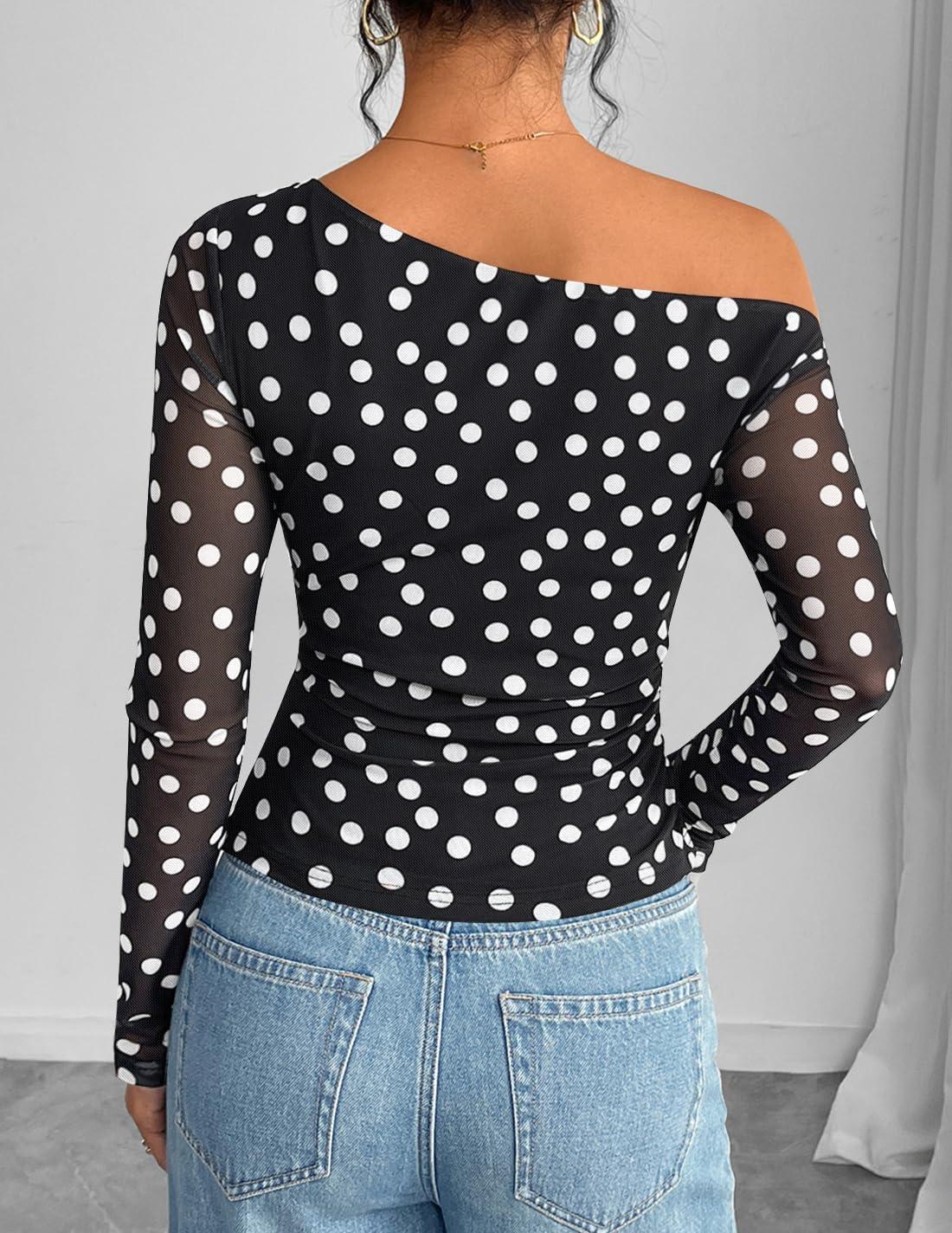 imageZESICA Womens Floral Off Shoulder Long Sleeve Tops 2026 Spring Mesh Ruched Fitted Trendy Going Out Shirts BlousesPointblack