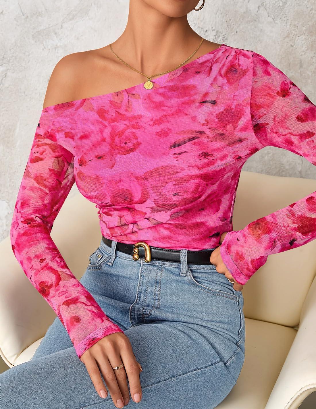 imageZESICA Womens Floral Off Shoulder Long Sleeve Tops 2026 Spring Mesh Ruched Fitted Trendy Going Out Shirts BlousesRose