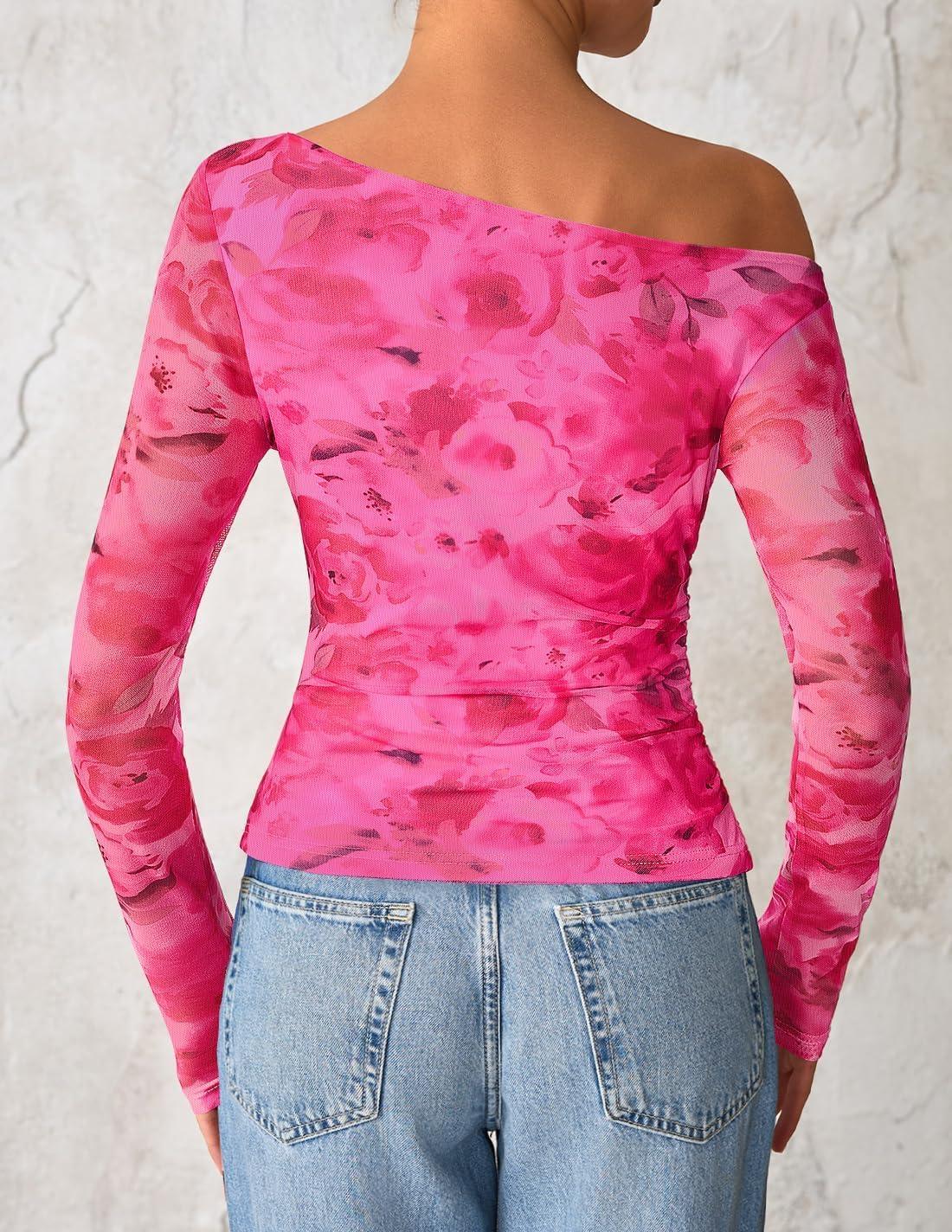 imageZESICA Womens Floral Off Shoulder Long Sleeve Tops 2026 Spring Mesh Ruched Fitted Trendy Going Out Shirts BlousesRose