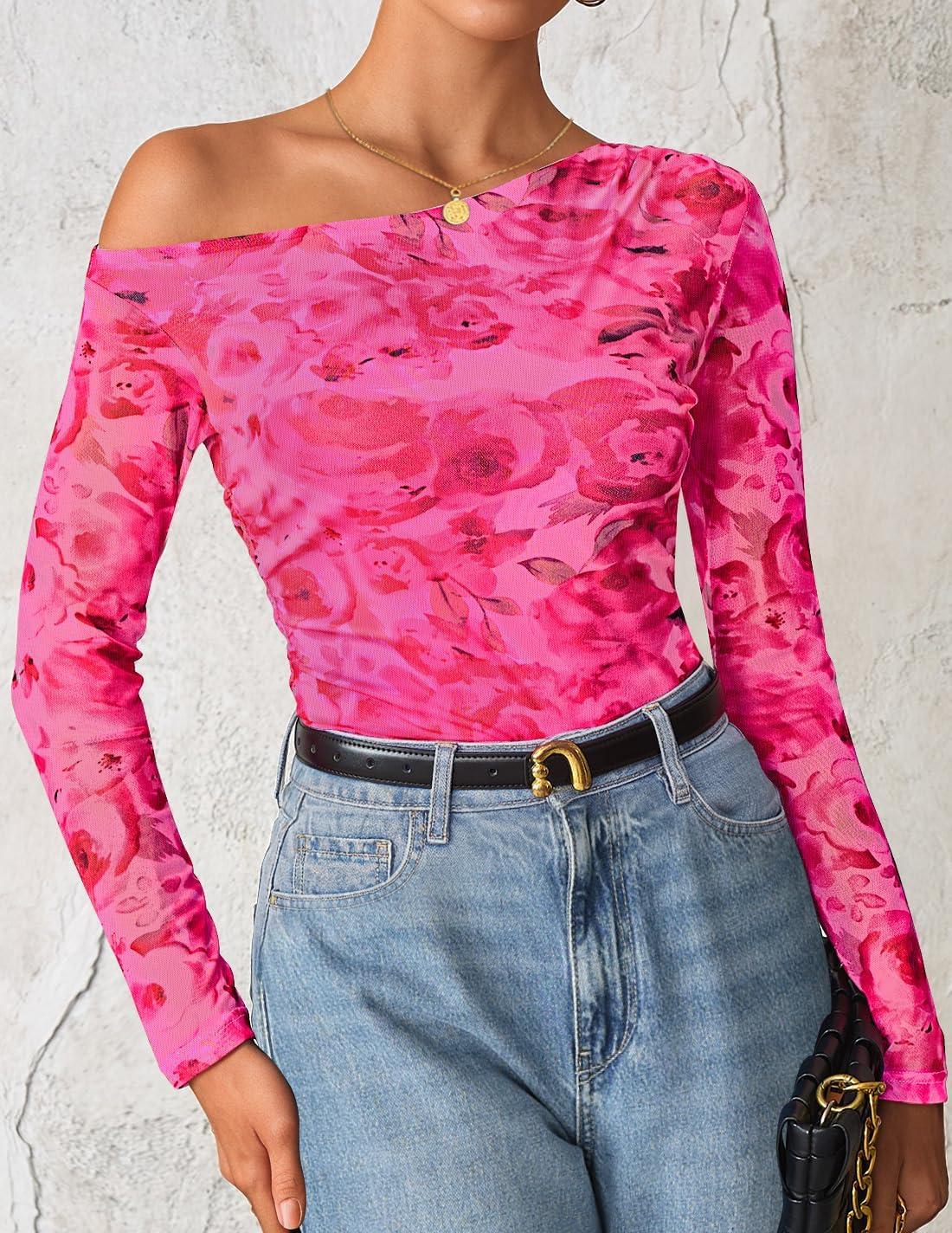imageZESICA Womens Floral Off Shoulder Long Sleeve Tops 2026 Spring Mesh Ruched Fitted Trendy Going Out Shirts BlousesRose