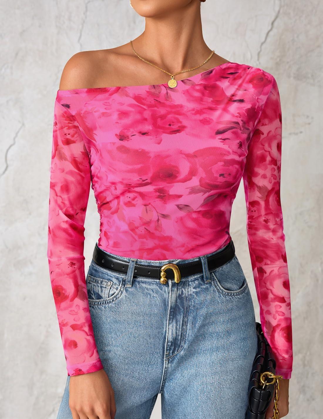 imageZESICA Womens Floral Off Shoulder Long Sleeve Tops 2026 Spring Mesh Ruched Fitted Trendy Going Out Shirts BlousesRose