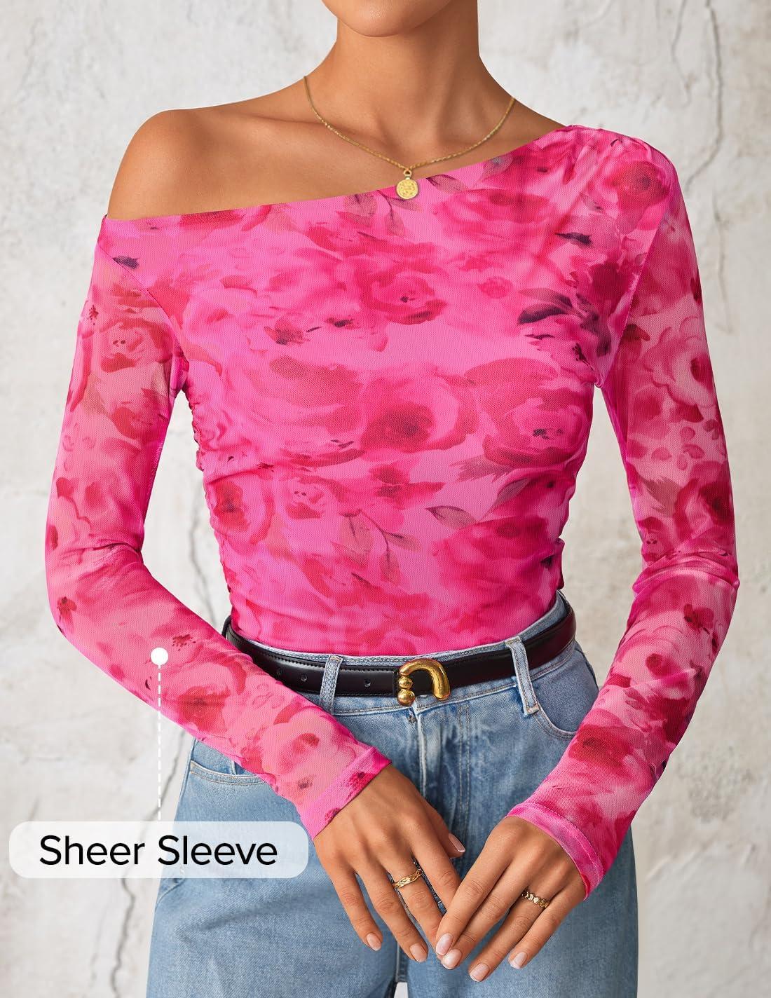 imageZESICA Womens Floral Off Shoulder Long Sleeve Tops 2026 Spring Mesh Ruched Fitted Trendy Going Out Shirts BlousesRose