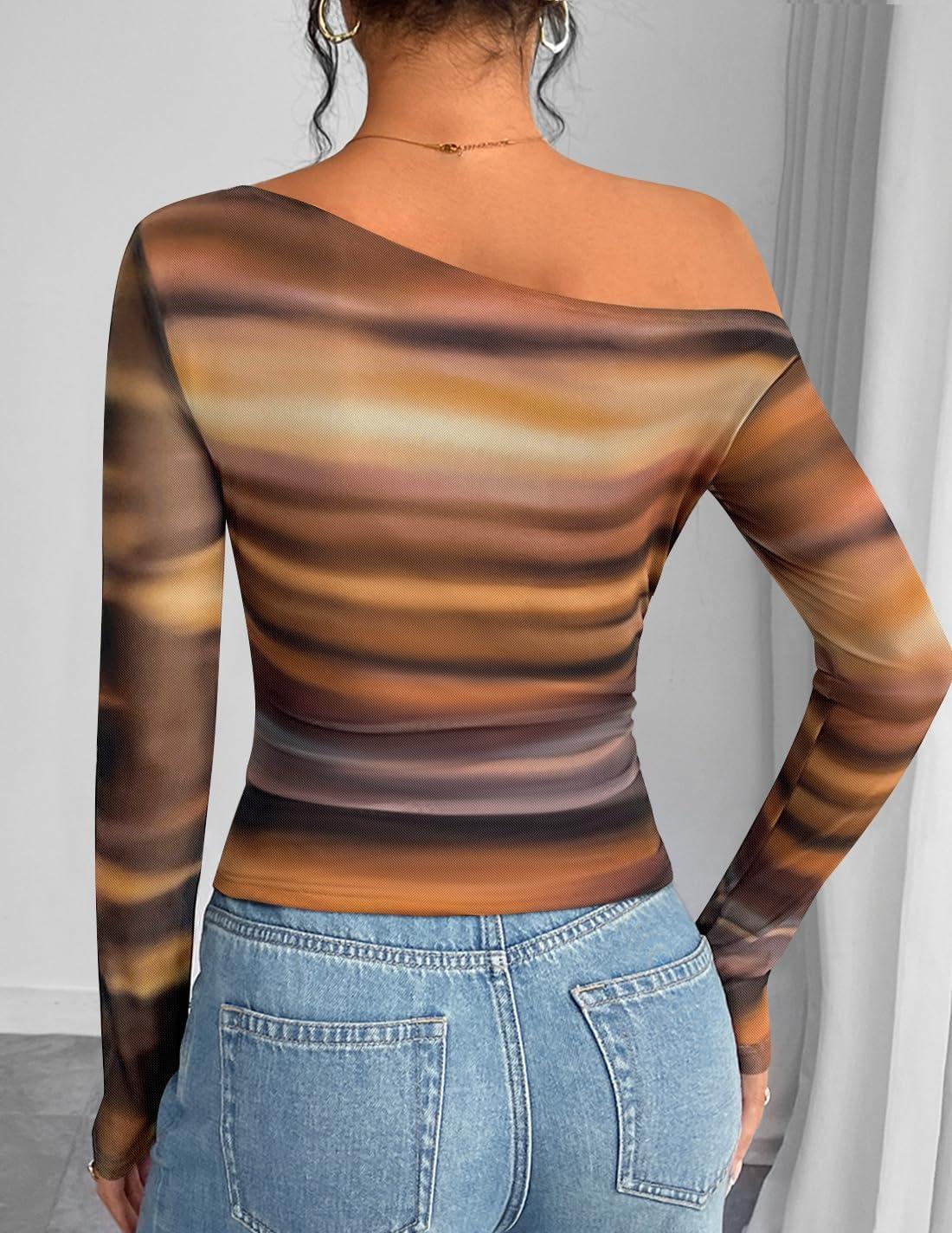 imageZESICA Womens Floral Off Shoulder Long Sleeve Tops 2026 Spring Mesh Ruched Fitted Trendy Going Out Shirts BlousesRosebrown