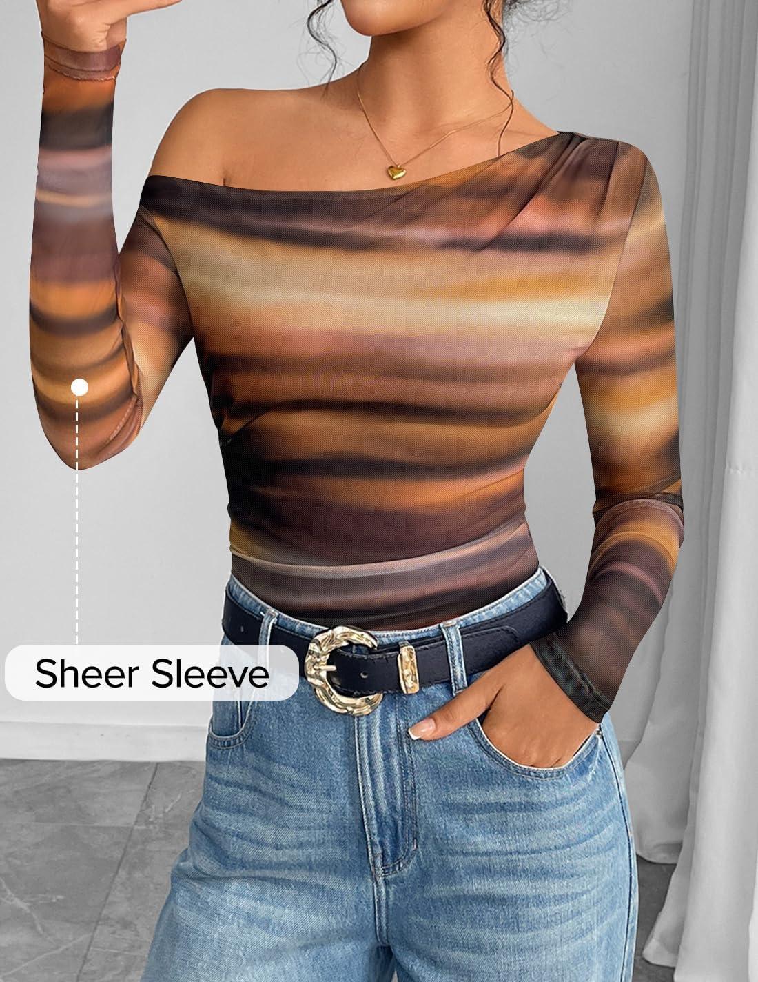 imageZESICA Womens Floral Off Shoulder Long Sleeve Tops 2026 Spring Mesh Ruched Fitted Trendy Going Out Shirts BlousesRosebrown