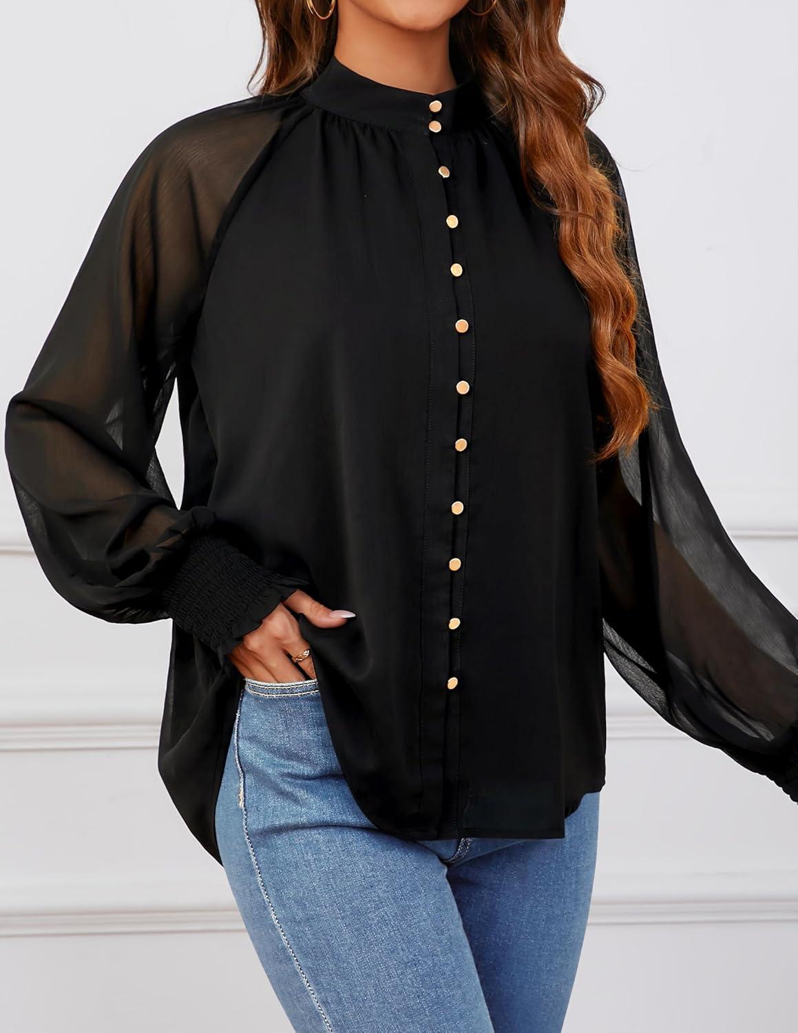 imageZESICA Womens Floral Print Blouse 2026 Long Sleeve Button Down Casual Fall Boho Oversized Tops ShirtsBlack