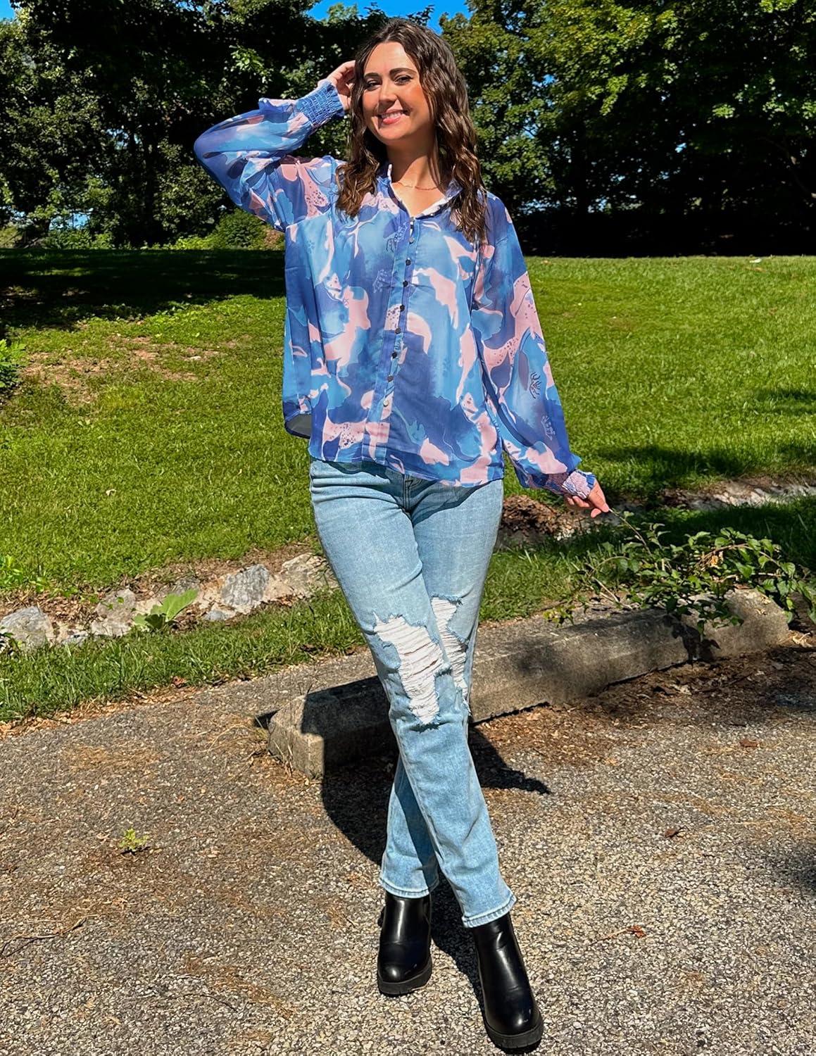 imageZESICA Womens Floral Print Blouse 2026 Long Sleeve Button Down Casual Fall Boho Oversized Tops ShirtsBlock Blue