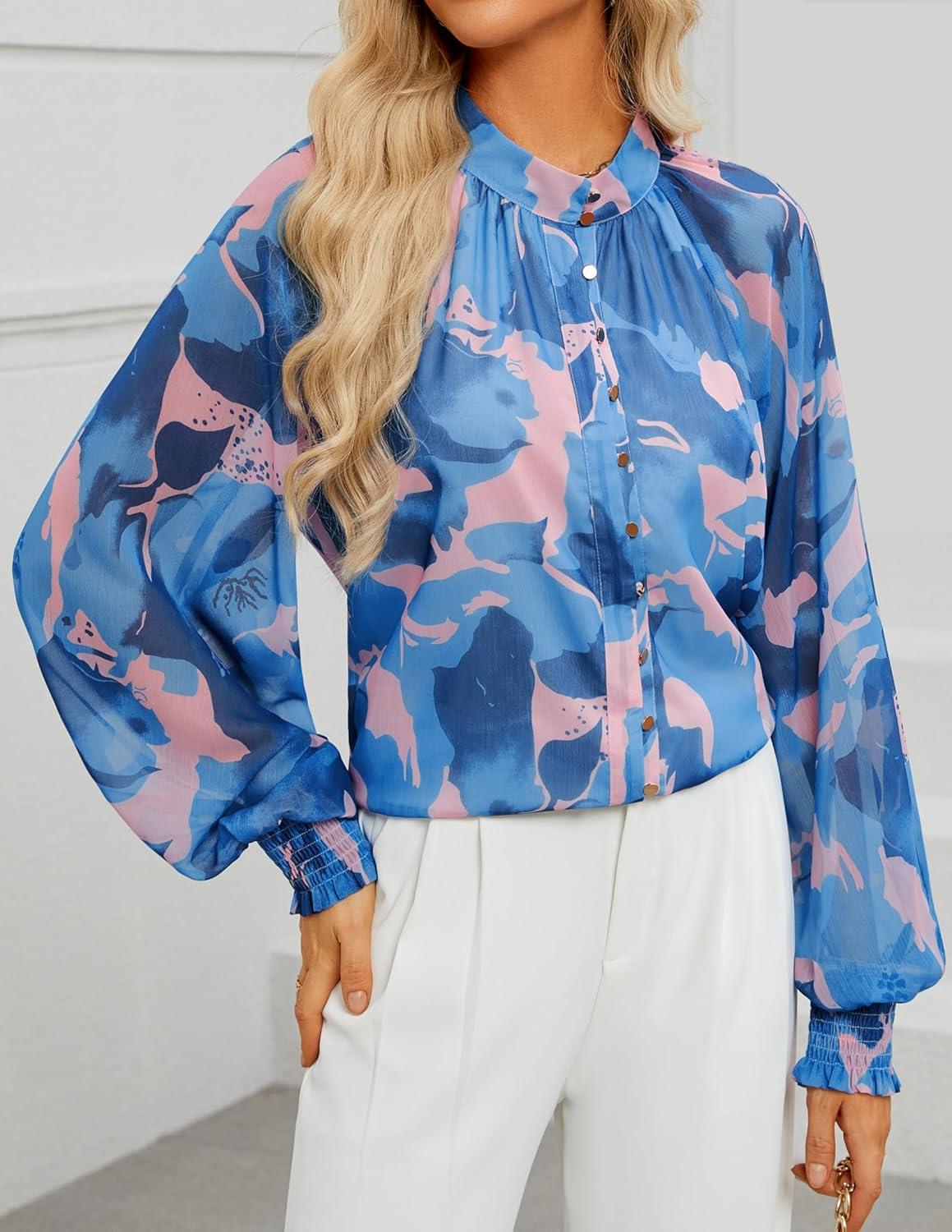 imageZESICA Womens Floral Print Blouse 2026 Long Sleeve Button Down Casual Fall Boho Oversized Tops ShirtsBlock Blue
