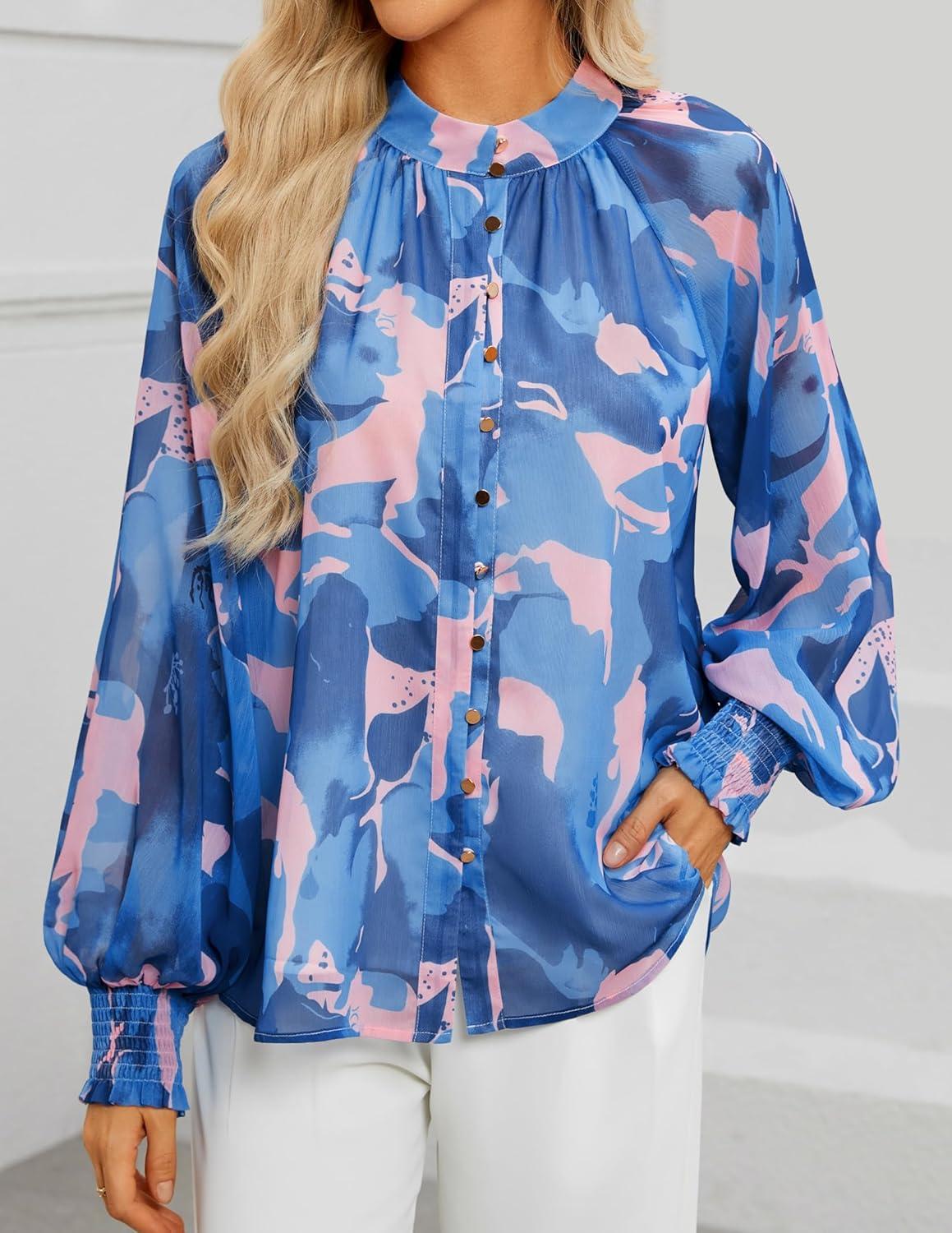 imageZESICA Womens Floral Print Blouse 2026 Long Sleeve Button Down Casual Fall Boho Oversized Tops ShirtsBlock Blue