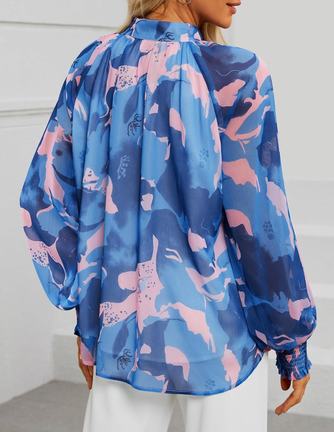 imageZESICA Womens Floral Print Blouse 2026 Long Sleeve Button Down Casual Fall Boho Oversized Tops ShirtsBlock Blue