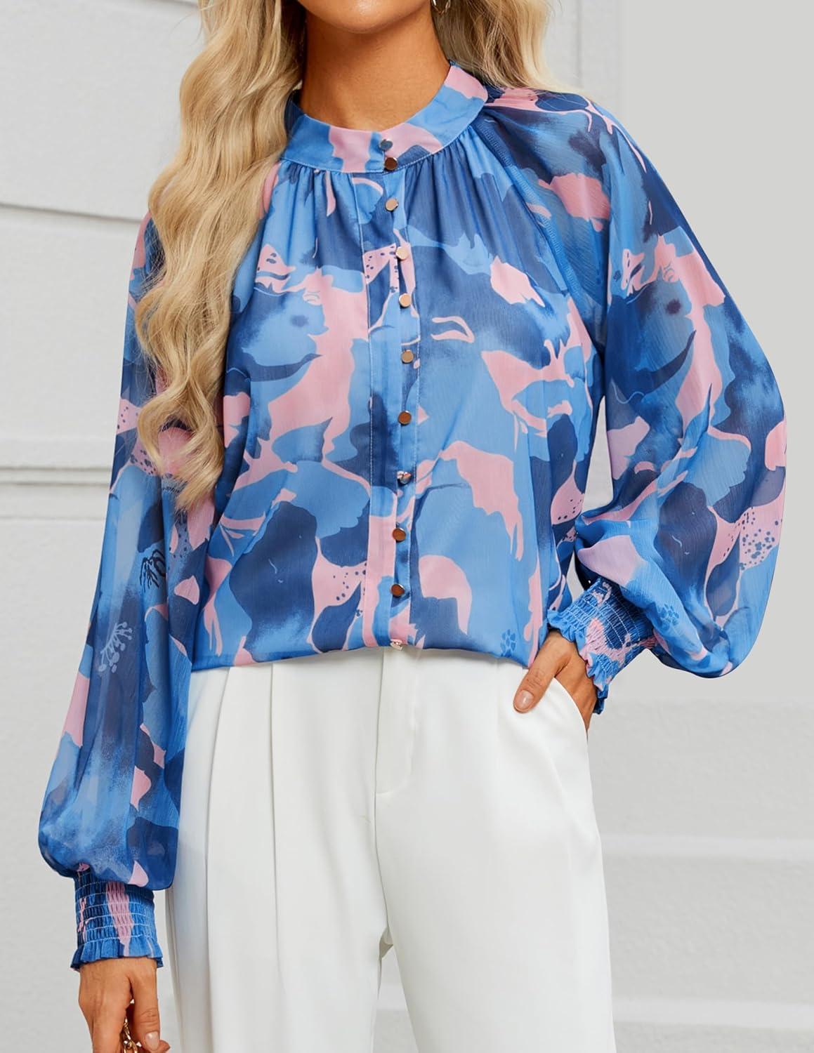 imageZESICA Womens Floral Print Blouse 2026 Long Sleeve Button Down Casual Fall Boho Oversized Tops ShirtsBlock Blue