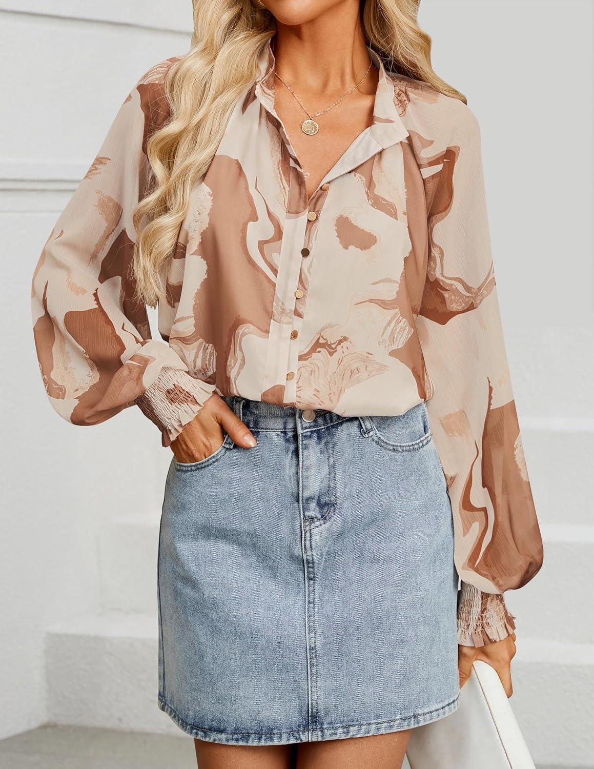 imageZESICA Womens Floral Print Blouse 2026 Long Sleeve Button Down Casual Fall Boho Oversized Tops ShirtsBrown