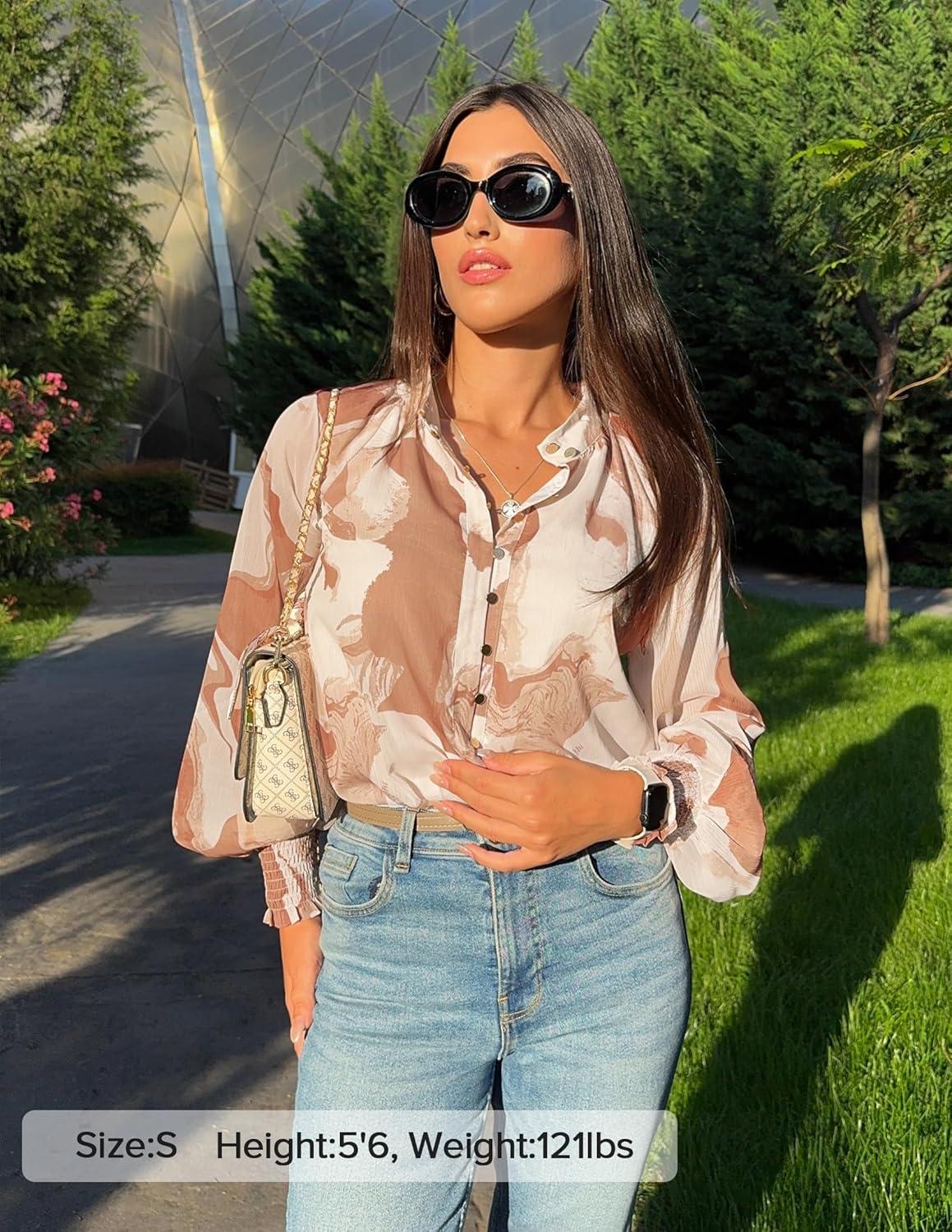 imageZESICA Womens Floral Print Blouse 2026 Long Sleeve Button Down Casual Fall Boho Oversized Tops ShirtsBrown