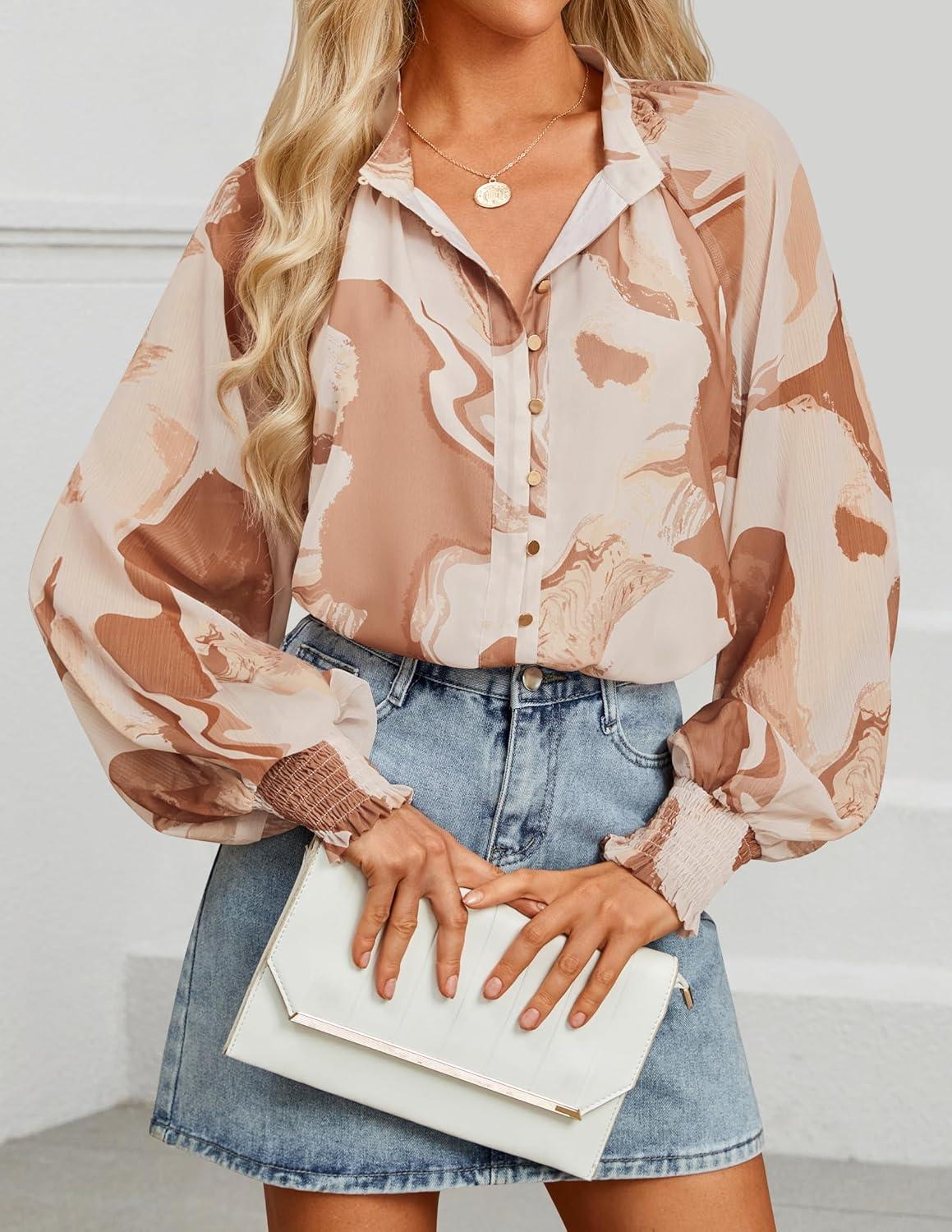 imageZESICA Womens Floral Print Blouse 2026 Long Sleeve Button Down Casual Fall Boho Oversized Tops ShirtsBrown