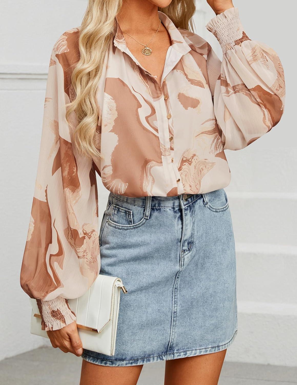imageZESICA Womens Floral Print Blouse 2026 Long Sleeve Button Down Casual Fall Boho Oversized Tops ShirtsBrown