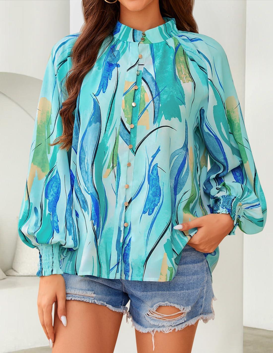 imageZESICA Womens Floral Print Blouse 2026 Long Sleeve Button Down Casual Fall Boho Oversized Tops ShirtsLake