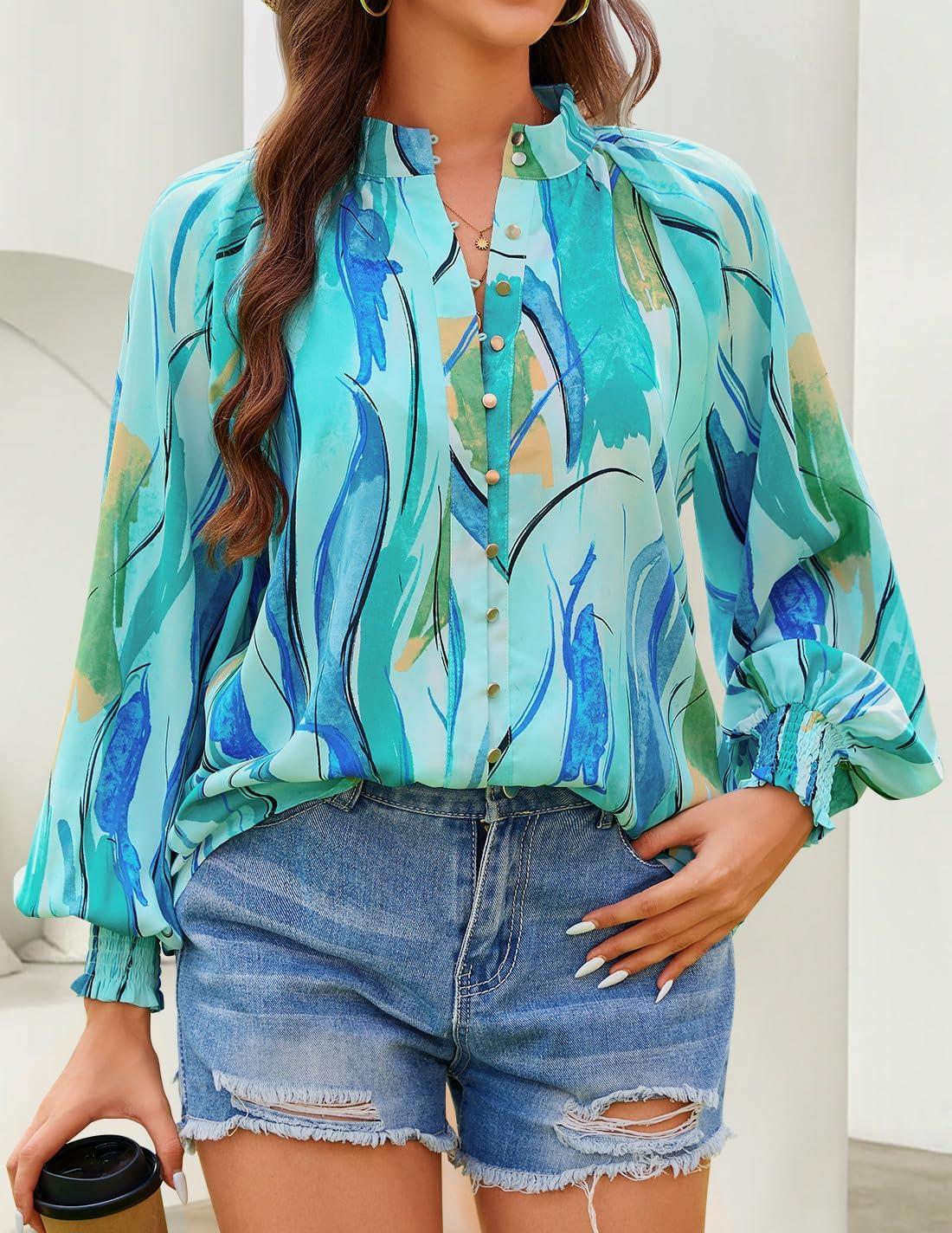 imageZESICA Womens Floral Print Blouse 2026 Long Sleeve Button Down Casual Fall Boho Oversized Tops ShirtsLake