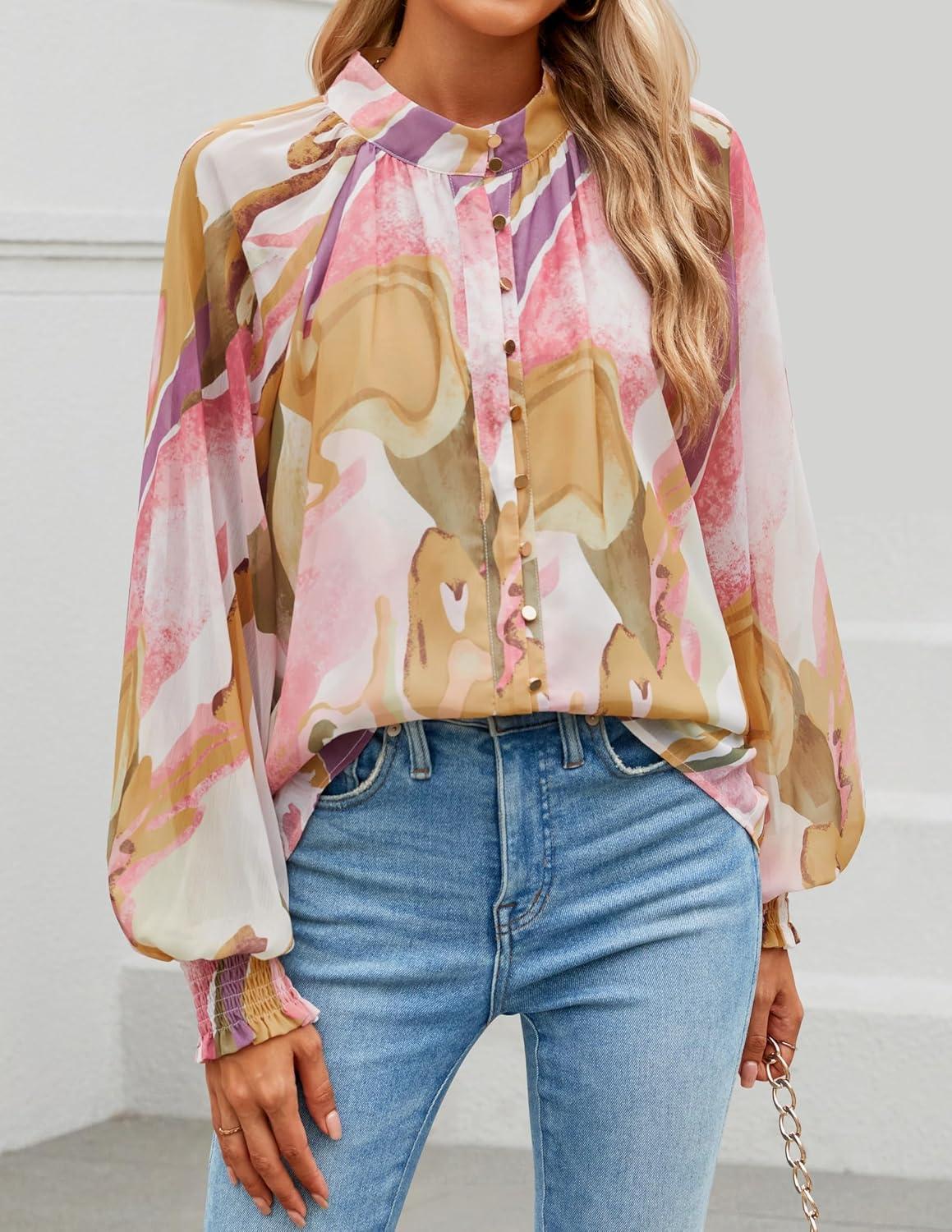 imageZESICA Womens Floral Print Blouse 2026 Long Sleeve Button Down Casual Fall Boho Oversized Tops ShirtsPink